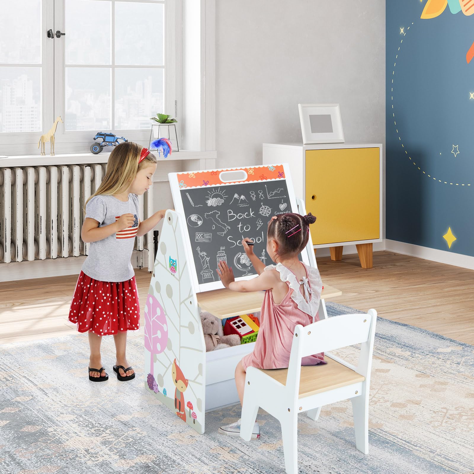 LIFEZEAL Tavolino Bambini con Sedie, Tavolino con Libreria, Lavagna Doppio Faccia e Contenitore Pieghevole per Giochi, Tavolo Multiattivita e Sedia per Cameretta, Tavolo per Bimbi 3-6 Anni (bianco)
