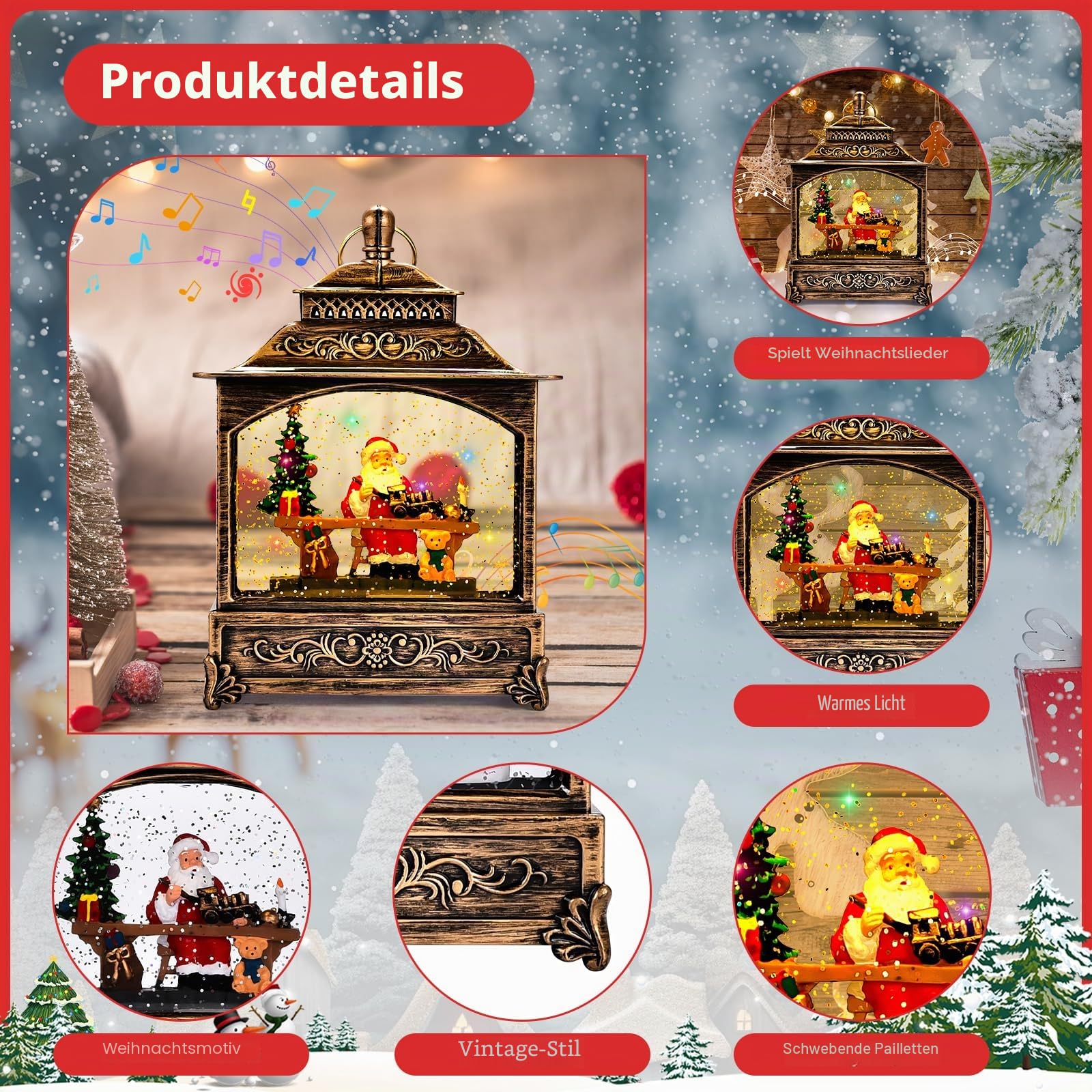 Joellfuner Weihnachts Schneekugel Laterne, Weihnachtslaterne mit Schneegestöber Musik & Licht USB/Batteriebetriebene, Schneekugel Laterne Wasserlaterne Geschenk für Weihnachtsdeko(B-Weihnachtsmann)