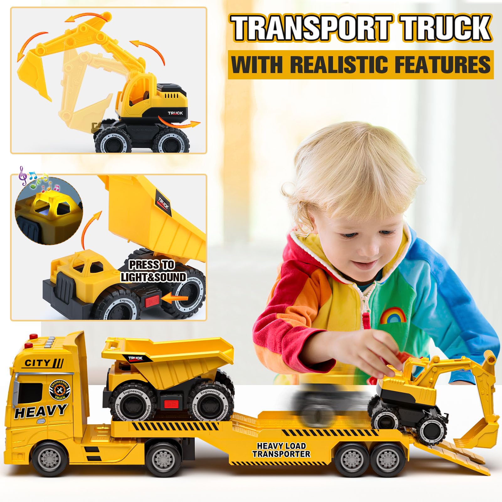 Bouwvoertuigen voor kinderen, grote vrachtwagen, voertuig, speelgoed met kraan, graafmachine, stoomroller, bulldozer, vrachtwagen, betonmixer, vorkheftruck, constructievoertuigen, cadeau voor kinderen jongens 4, 5, 6, 7 en 8 jaar