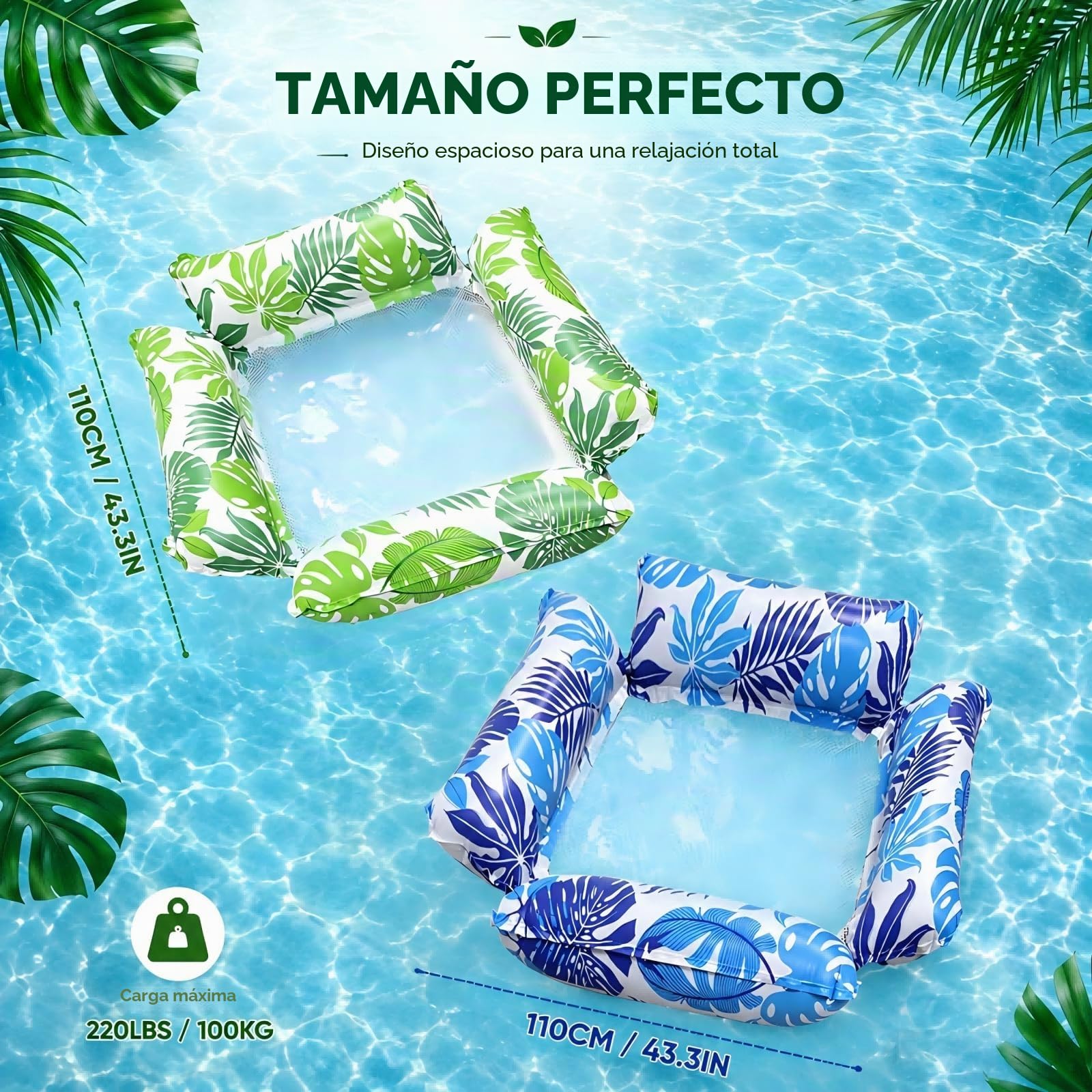 Hamaca Hinchable Piscina Set de 2, dellyy Sillon Hinchable Piscina para Adultos con Malla Transpirable, Hamaca de Agua con Respaldo y Soporte para Piernas, Ideal para Playa, Vacaciones y Relax