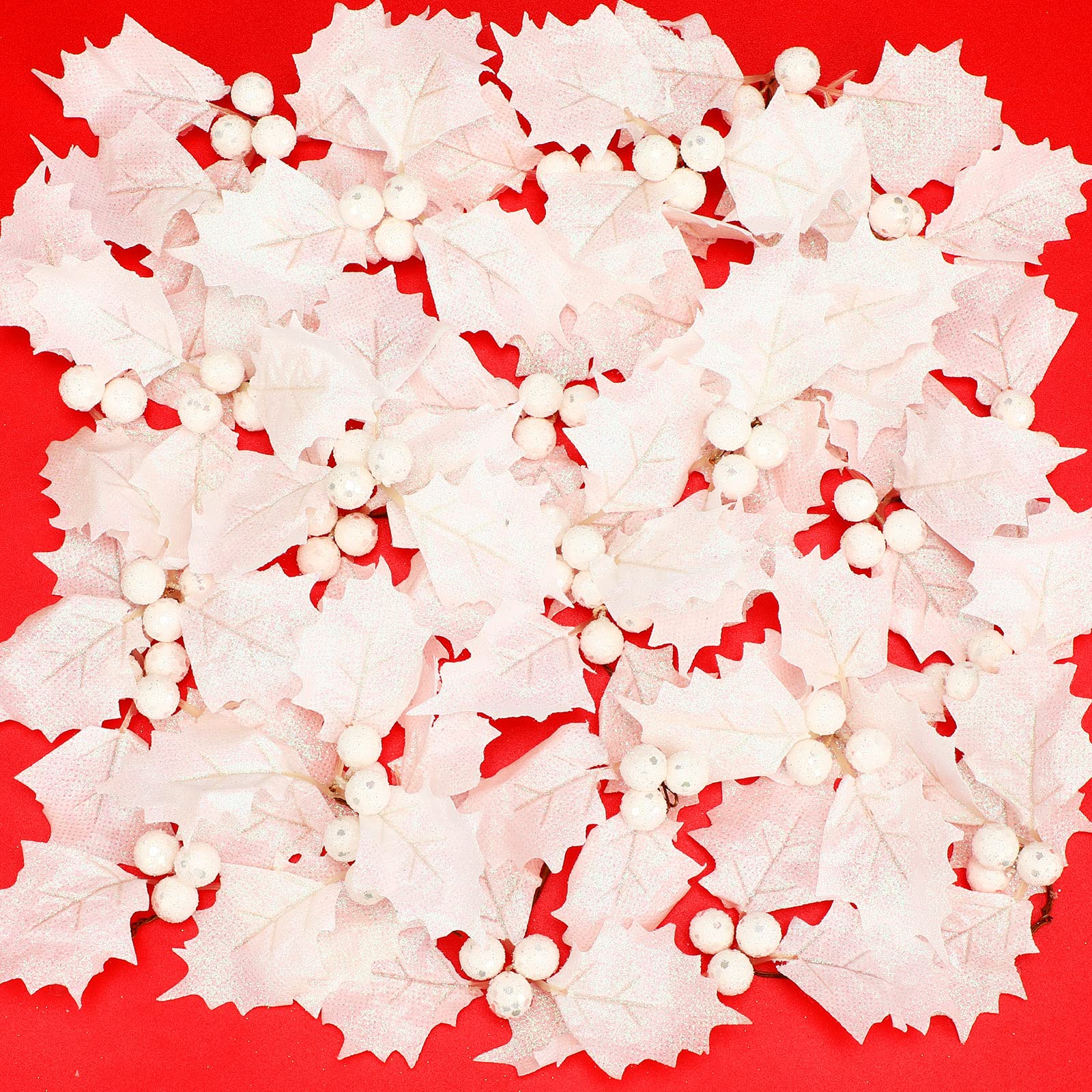 Pangda 30 Pieces Artificial Holly Berry with Leaves for Christmas Wreath Arrangement Cake Toppers Craft Wedding Party Decorations (White)