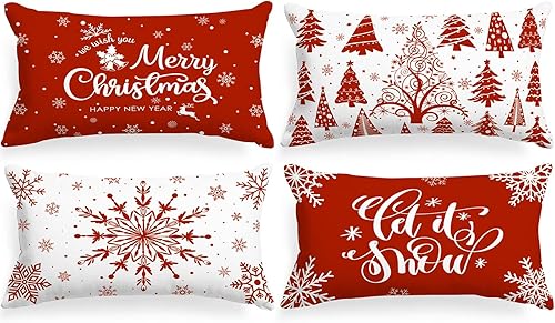 Lanpn Juego de 4 fundas de almohada lumbares de Navidad de 12 x 24 pulgadas, fundas decorativas de cojín navideñas con diseño de copos de nieve de