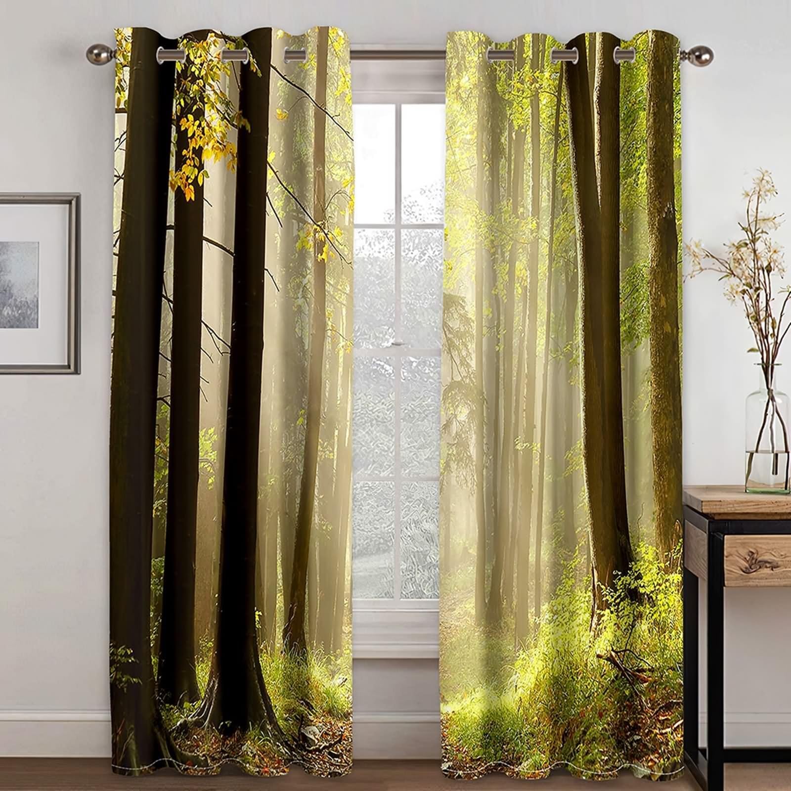 Bohema Zasłona okienna, Kuchnia Kurtyny Zielony Brązowy Las Poliester Zestaw 2 204x183cm