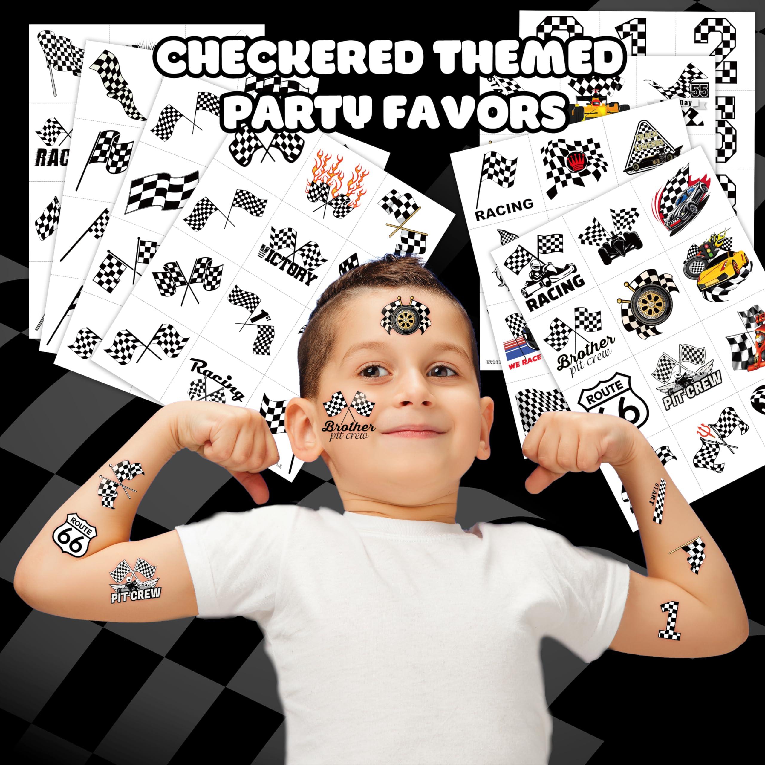96 PCS Funny Race Car Checkered Flag Pre-Cut Black and White Temporary Tattoos Sticker Birthday Party Decorations Supplies Favors Gifts Boys Girls Men Cute Racing Fake Tattoo School Prizes (Normal)