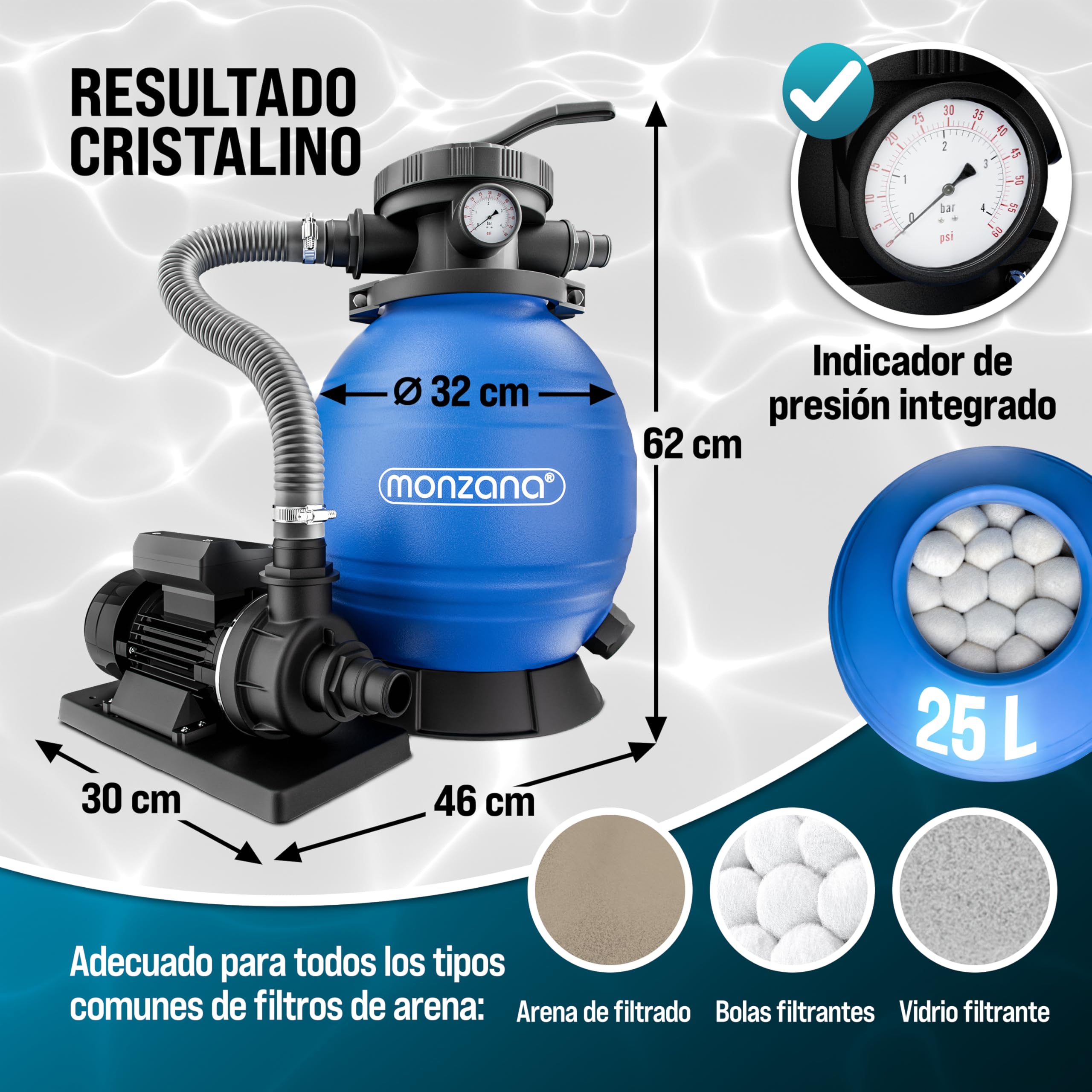 MONZANA® Depuradora Piscina 10.200L/h Filtro de Arena hasta 35.000L incl. Vidrio Filtrante Válvula 7 Funciones Filtrado 450W Adaptador Ø32-38mm Bomba Indicador de Presión
