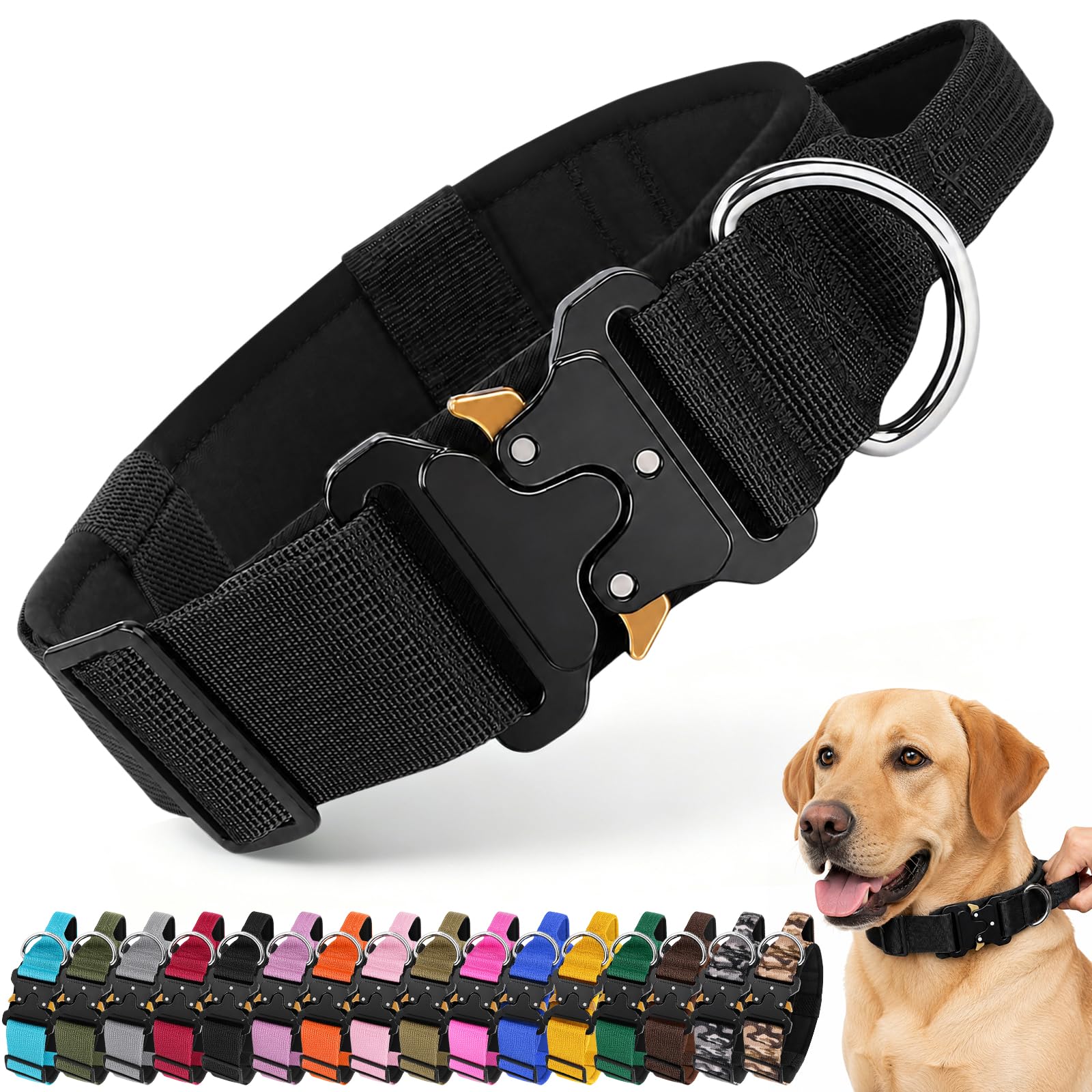 Tactical Dog Collar, Adjustable Military Training Dog Collar with Control Handle and Heavy Duty Metal Buckle, Soft Padded Wide Nylon Pet Collar for Medium Large Dogs Outdoors (Black, L)