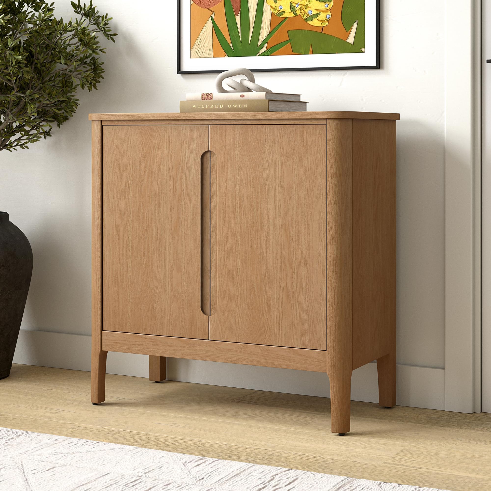 Henn&Hart 32" Wooden Rectangular Accent Cabinet, Modern Sideboard Buffet Cabinet with 2 Doors, an Adjustable Shelf and Cable Management Cut-Out for Living Room, Dining Room, or Bedroom, Light Oak