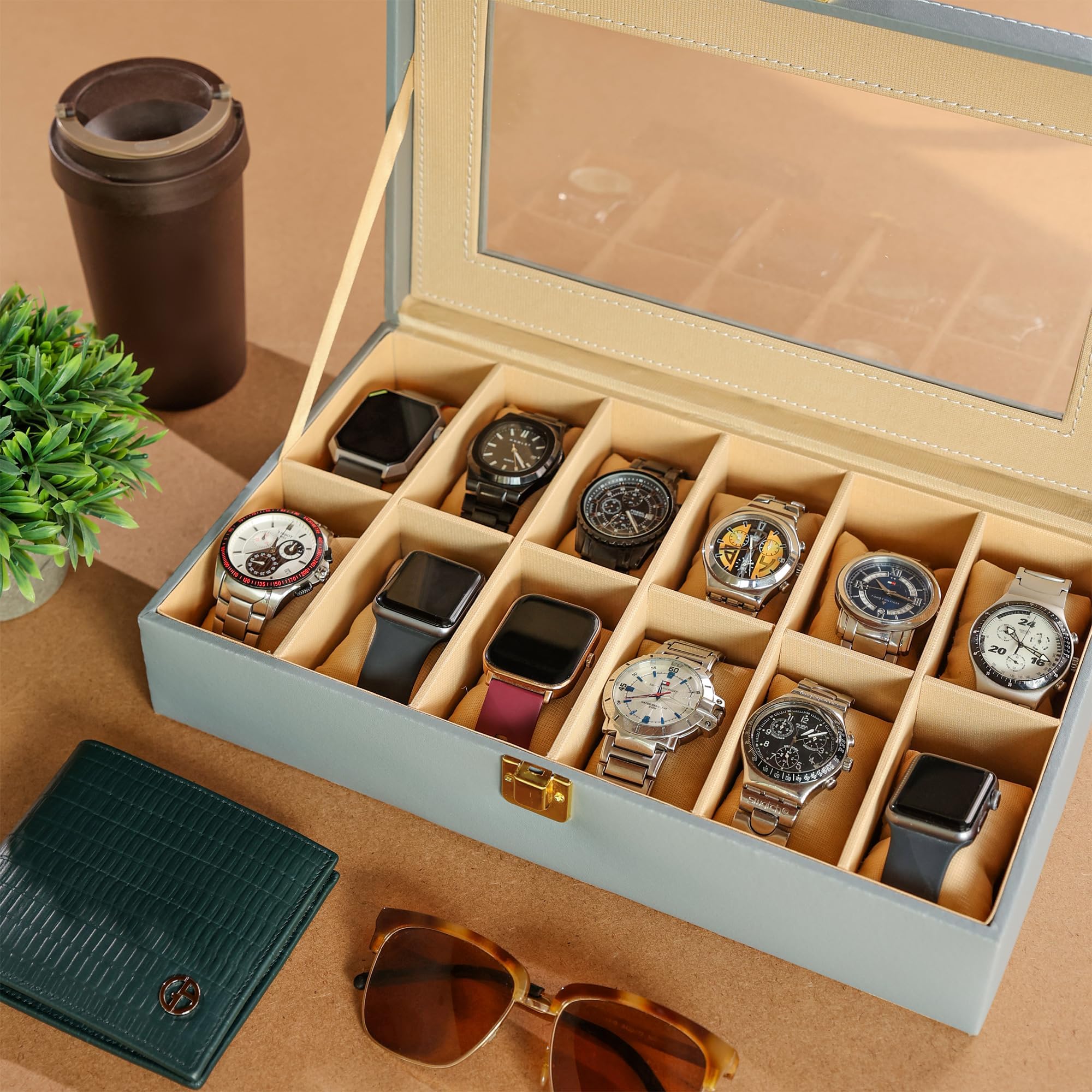 Birch & Co. Boîte de rangement pour montres – Présentoir à 12 emplacements avec couvercle en verre, cuir synthétique, intérieur en velours doux – Rangement élégant pour montres hommes et femmes