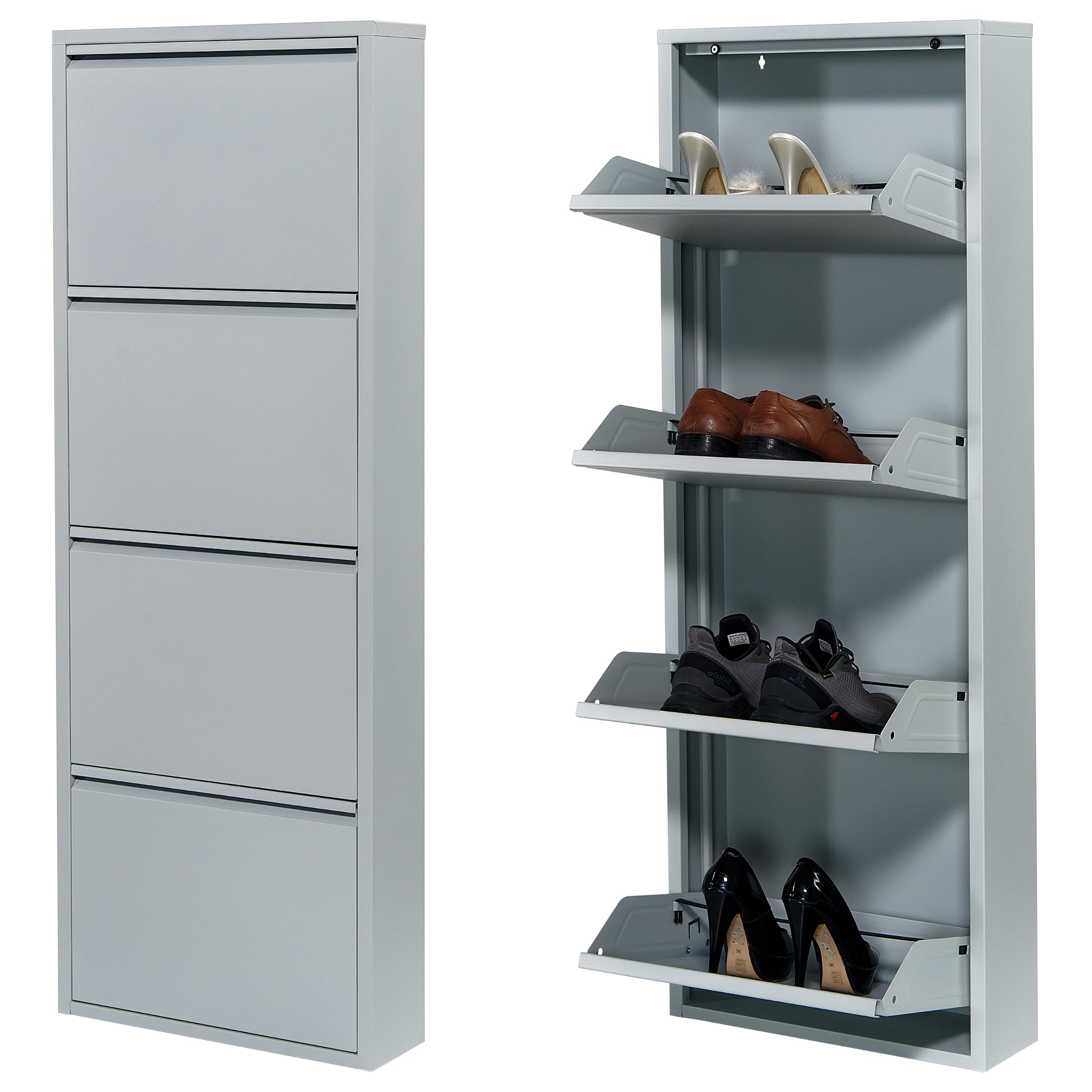 Atahome Slim Shoe Cabinet Narrow Shoe Storage Cabinet for hallway wall mounted thin flip down Tall Metal Shoe Rack Storage Organiser Shoe cupboard Indoor Troy 4-Drawer (Grey)