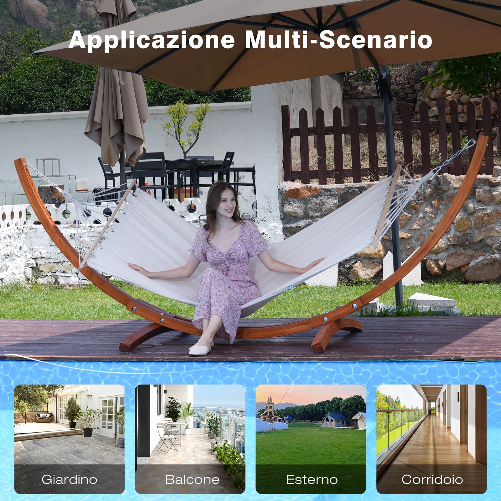 Amaca con Supporto in Legno, Incluye 2 Amache, Portata 200 kg, Medidas 320×120×120 cm, Telaio Arcuato Stabile in Legno, Regolabile in Altezza, per Giardino, Terrazzo e Balcone