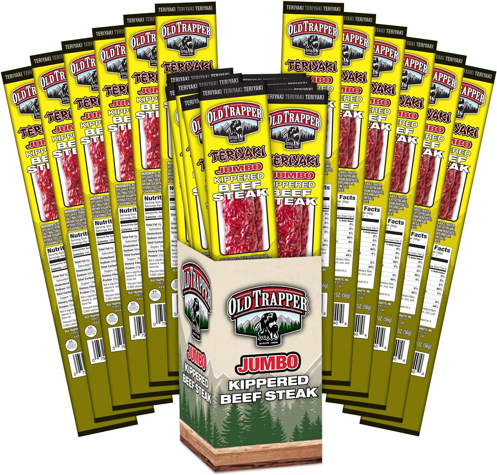 Old Trapper Kippered Steak, Teriyaki Flavor, Two-Ounce Individually Wrapped Packages, Savory and Sweet Savory Meat Snack for Between Meal Bites, 22 Grams of Protein per Serving (Pack of 12)