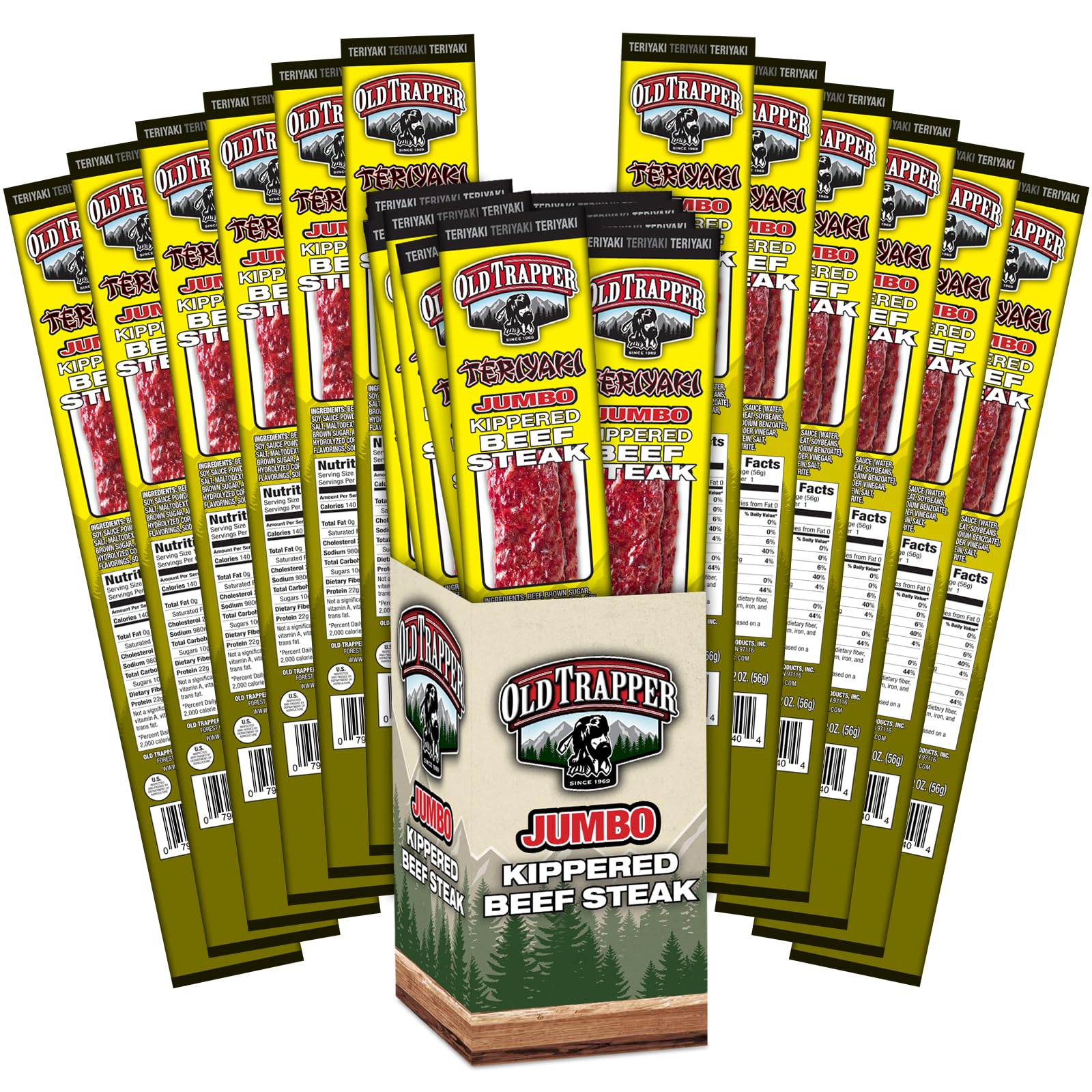 Old Trapper Kippered Steak, Teriyaki Flavor, Two-Ounce Individually Wrapped Packages, Savory and Sweet Savory Meat Snack for Between Meal Bites, 22 Grams of Protein per Serving (Pack of 12)
