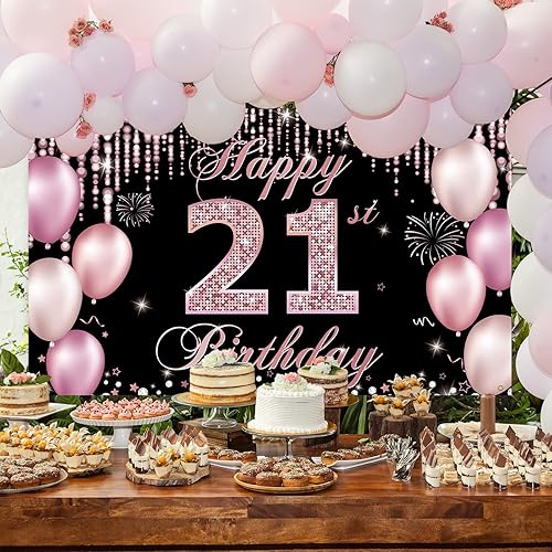 Miniatura 3 de Decoraciones de cumpleaños 21 para ella, telón de fondo de pancarta de feliz cumpleaños 21, decoración de fondo rosa para fiesta de cumpleaños de 21