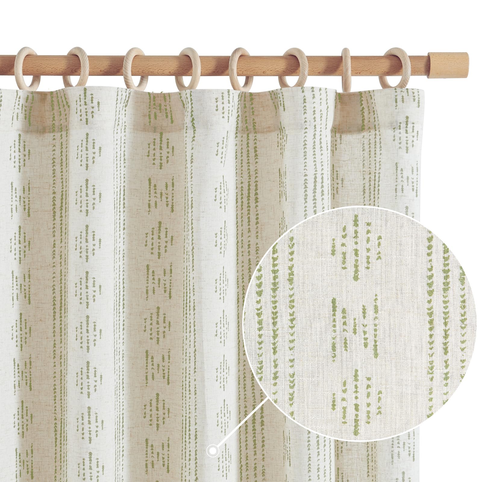 jinchan Boho Curtains Linen Curtains for Living Room Farmhouse Sage Green Curtains 63 Inch Length 2 Panels for Bedroom Geometric Striped Light Filtering Window Drapes Rod Pocket Sag Green on Beige