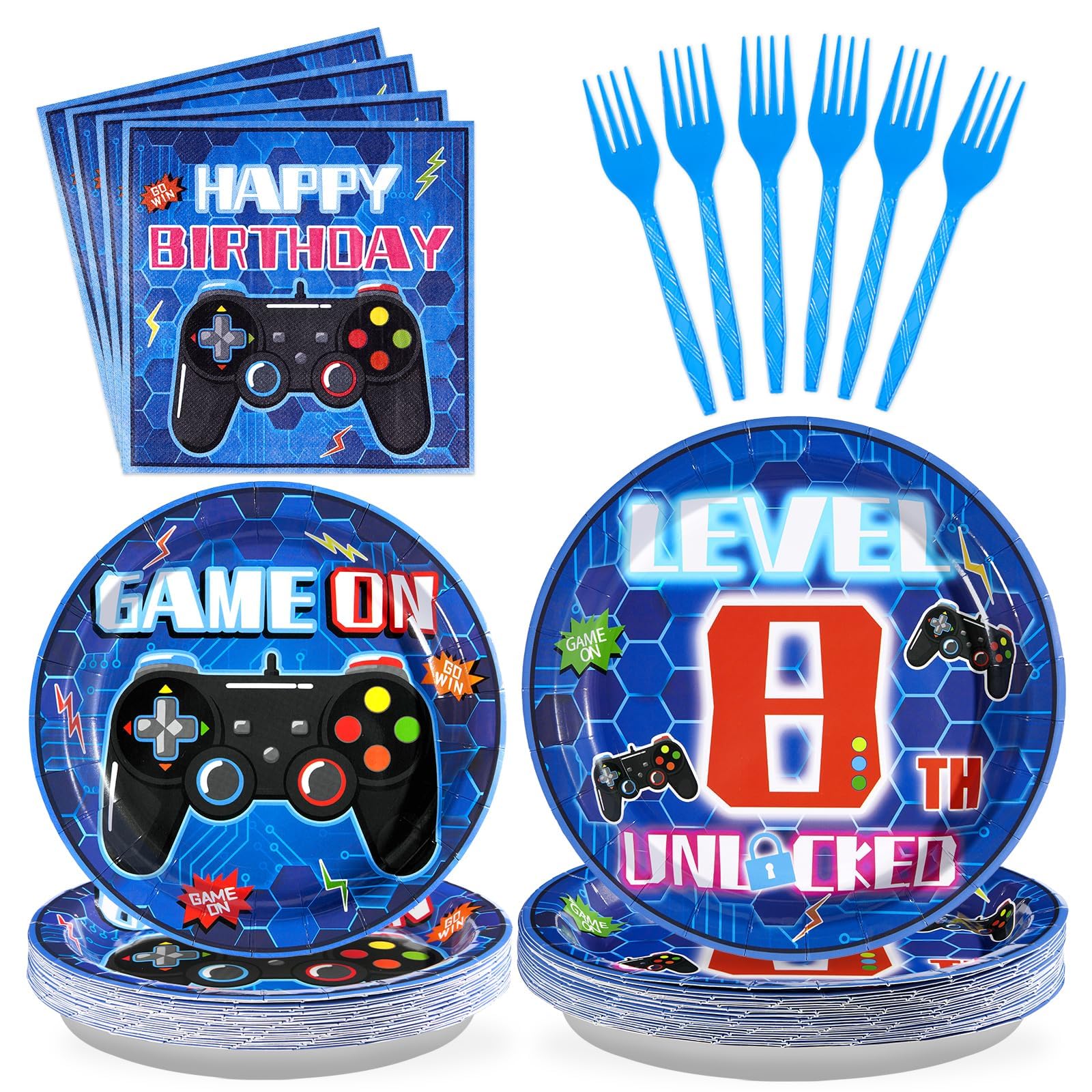 Grencian 96 Pcs 8th Video Game Birthday Party Decorations Blue Video Game Level 8 Birthday Plates and Napkins Tableware Sets for Kids Boys 8 Years Old