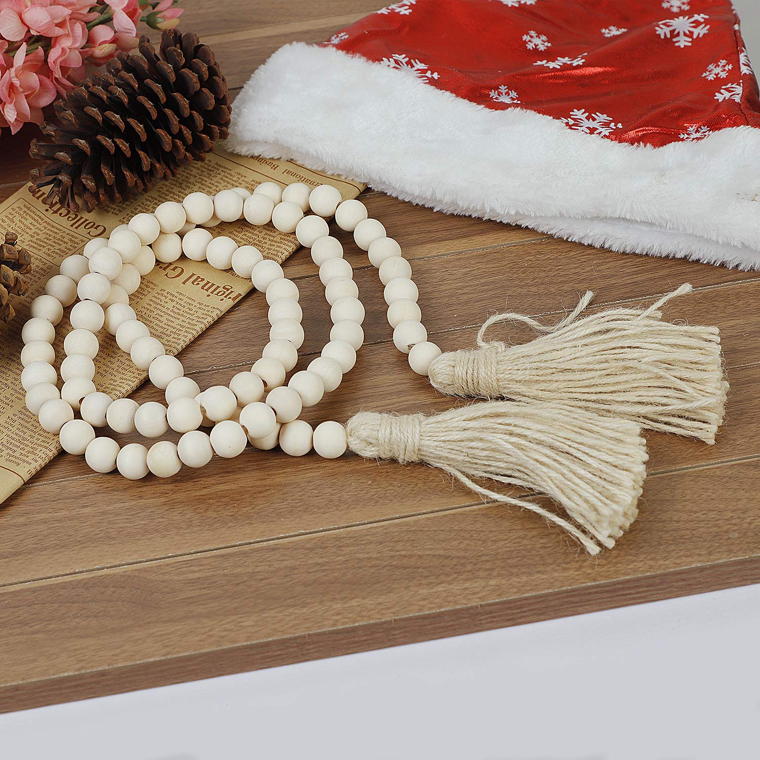 ZOENHOU Lot de 5 guirlandes de perles en bois avec pompons - 145 cm - Décoration créative rustique pour maison de campagne - Décoration à suspendre au sapin de Noël
