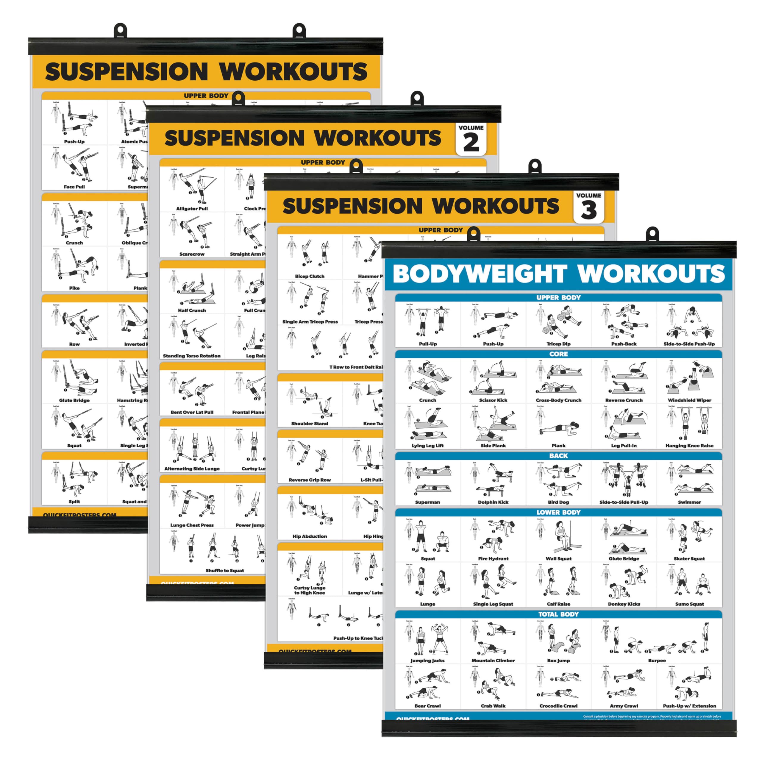 Palace Learning 4 Pack - Suspension Workout Posters Volume 1, 2 & 3 + Bodyweight Exercise Chart - Set of 4 Posters (LAMINATED WITH PLASTIC FRAME, 18" x 24")