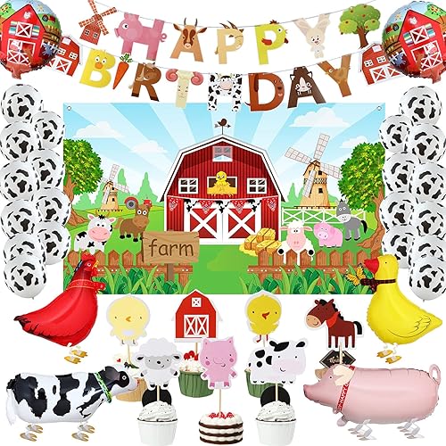 Sumind Decoraciones de fiesta de cumpleaños de granja, animales de granja, temática de vaca, suministros de fiesta de cumpleaños, decoración de