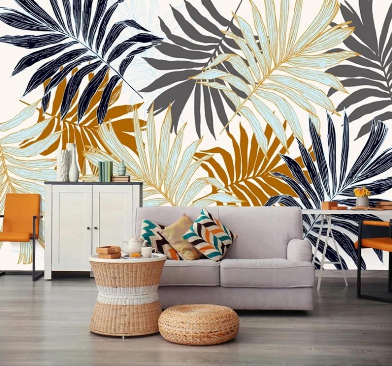 XLMING Minimalist Hand Drawn Colourful Palm Leaves Unique 3D Wallpaper Luxury Silk Study Dining Feature Sofa Grey Bedroom Living Room Tv Decorative Wall-400cm×280cm