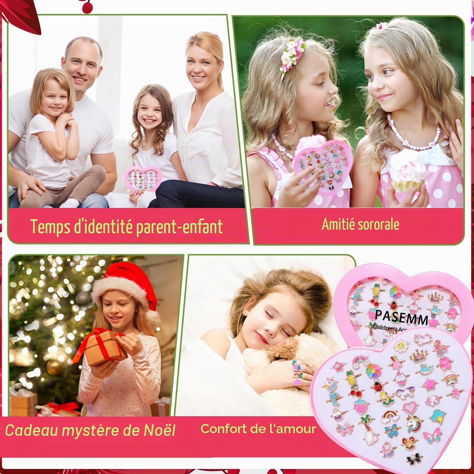 Bagues Enfant Fille Réglables en Métal Coloré, Dessin animé Motifs Aléatoires, Cadeau 4-12 Ans, Boîte Cœur Rose