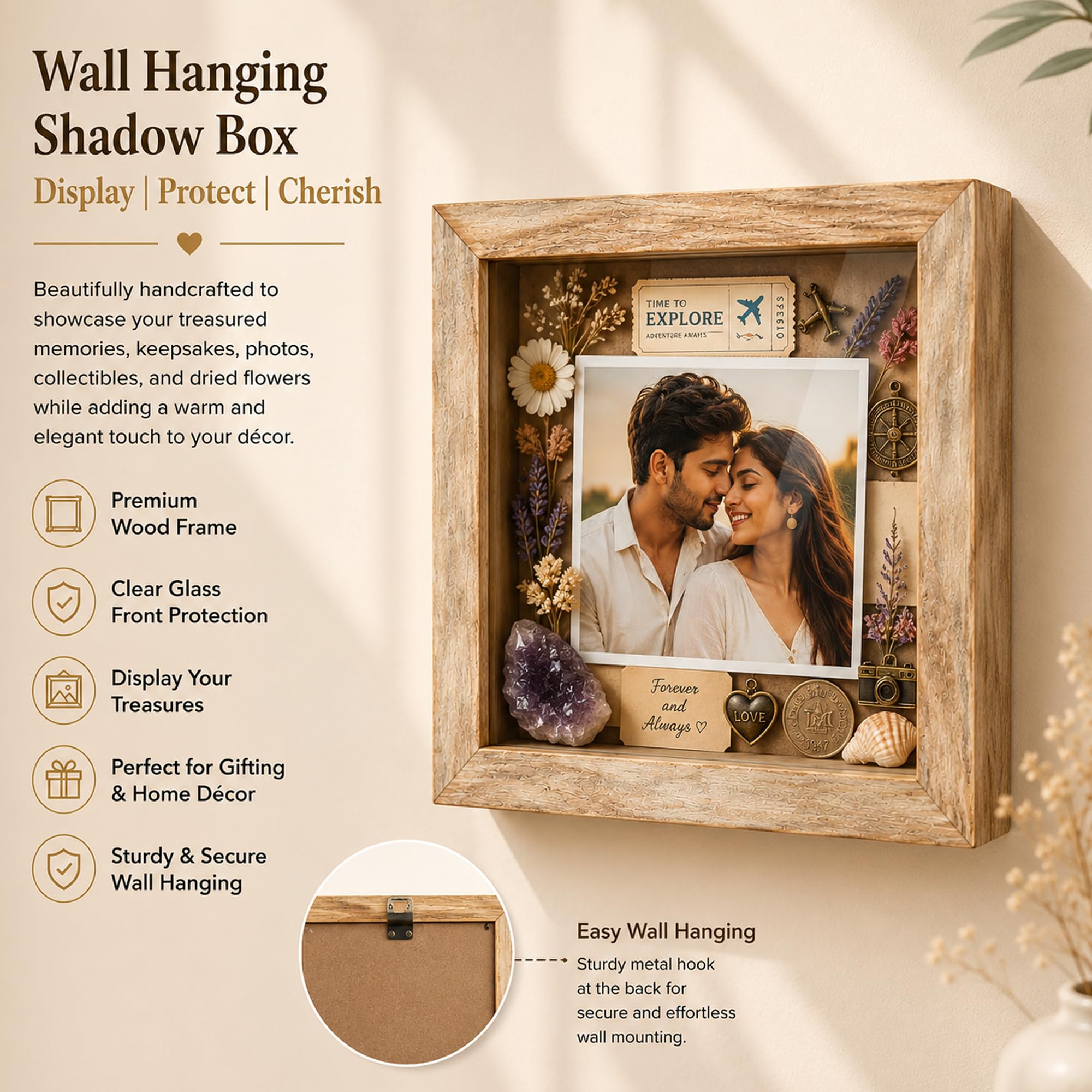 Serein Dark Sheesham Wood Shadow Box Picture Frame with Glass Front | 9 x 9 Inch Decorative Display Frame for Photos, Keepsakes, Collectibles & Memories | Wall Hanging Home Office Décor 3