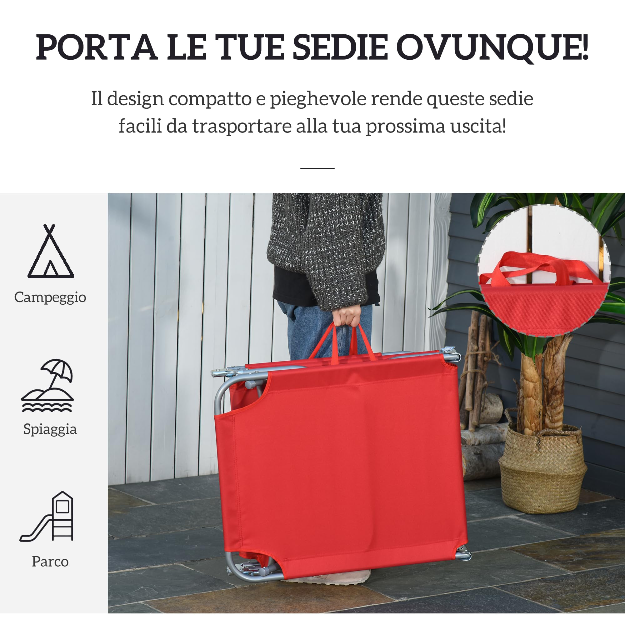Outsunny Lettino Prendisole Pieghevole Reclinabile 187x55x24cm Rosso | Schienale su 5 Livelli, Sdraio da Spiaggia e Giardino, Struttura in Metallo e Tessuto Oxford, per Piscina