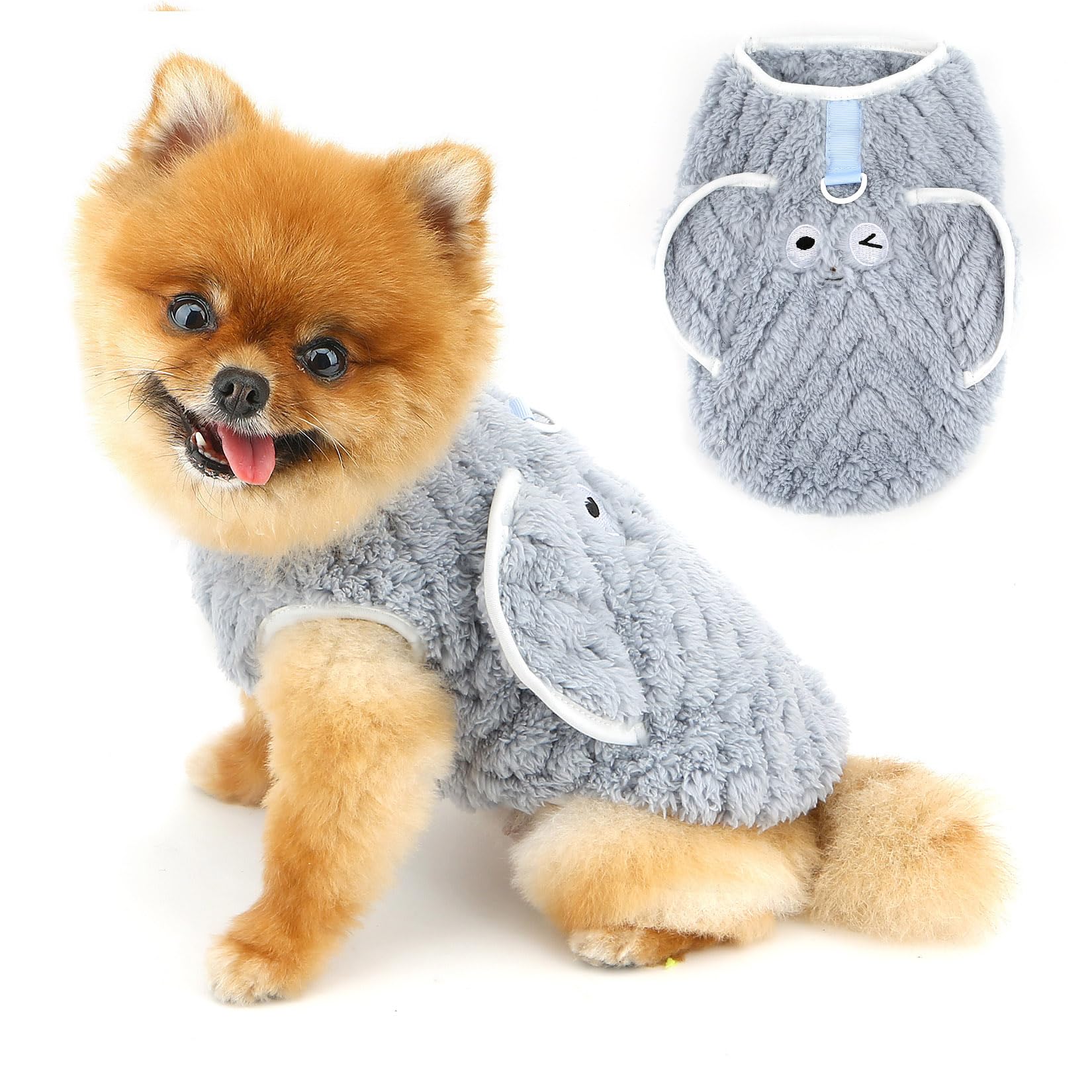 PAIDEFUL Embossed Fleece Dog Jumper for Small Dogs, Soft Warm Sleeveless Puppy Pullover with Lead D-Ring and Cute Ears, Cosy Winter Pet Vest Outfit for Chihuahua Yorkie and Cats,Grey,M