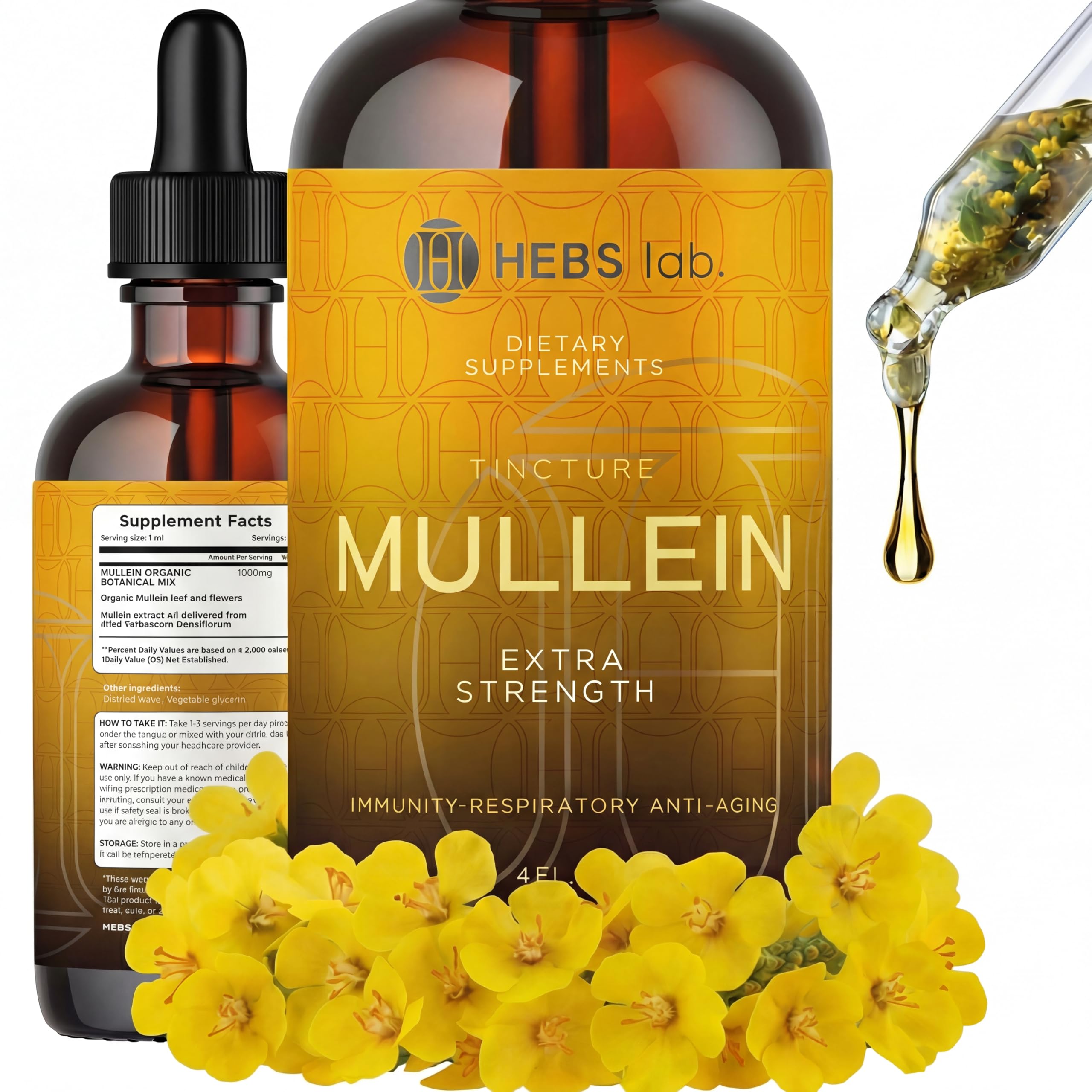 HEBS LAB. Mullein Leaf Extract for Lung Cleanse and Health - Mullein Drops Made in USA - Lung Support Supplement - Herbal Respiratory Support - Mullein Extract Tincture 4 Fl Oz