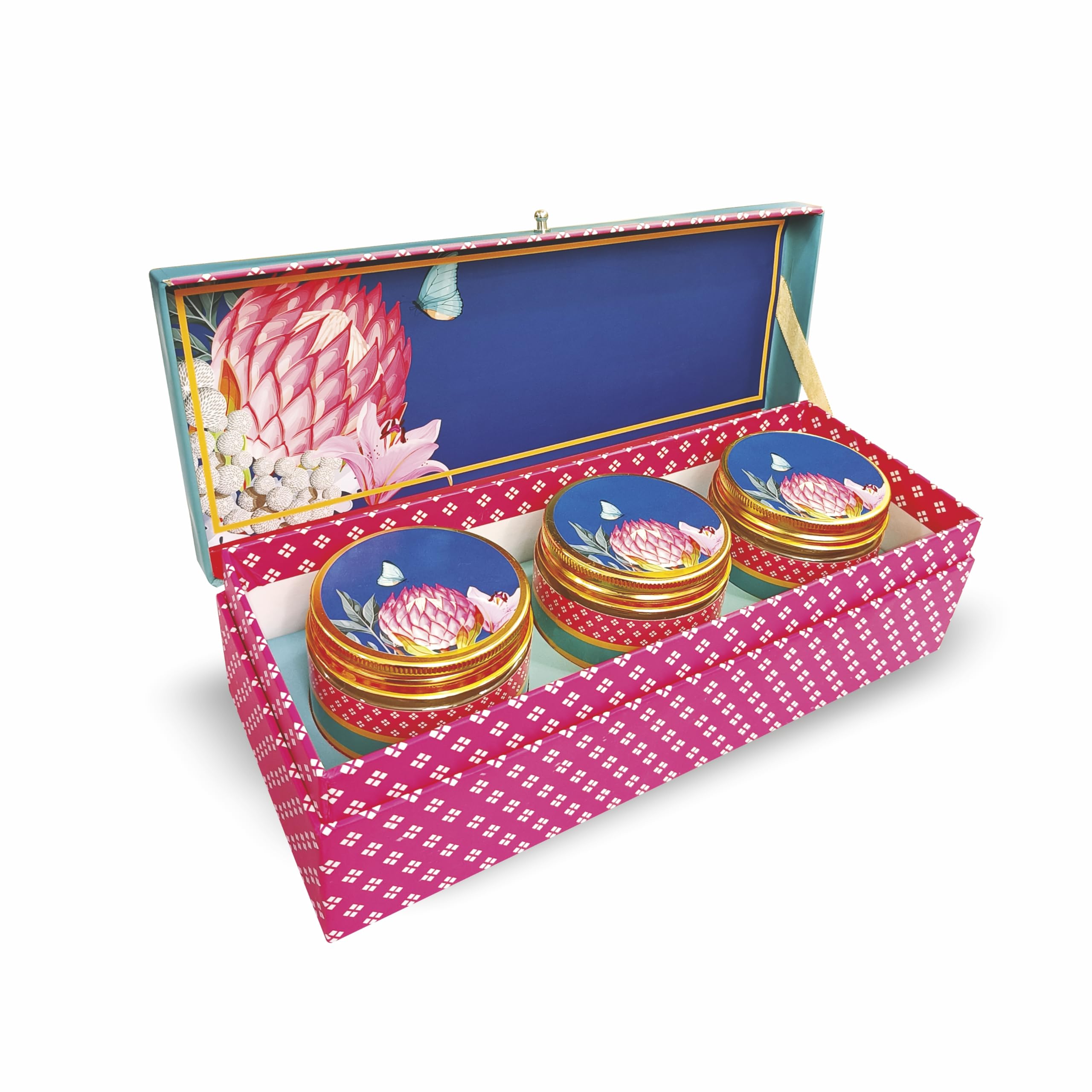 Gift Box | 13 (L) X 5 (B) x 3.5 (H) Inch | Floral | Gold Gilding | Designer box with 3 Empty Jars for Diwali, Weddings, Christmas, Corporate Gift Hampers