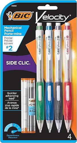 BIC Velocity Side Clic - Lápiz mecánico de punta media 0028in negro agarre suave y cómodo 4 unidades