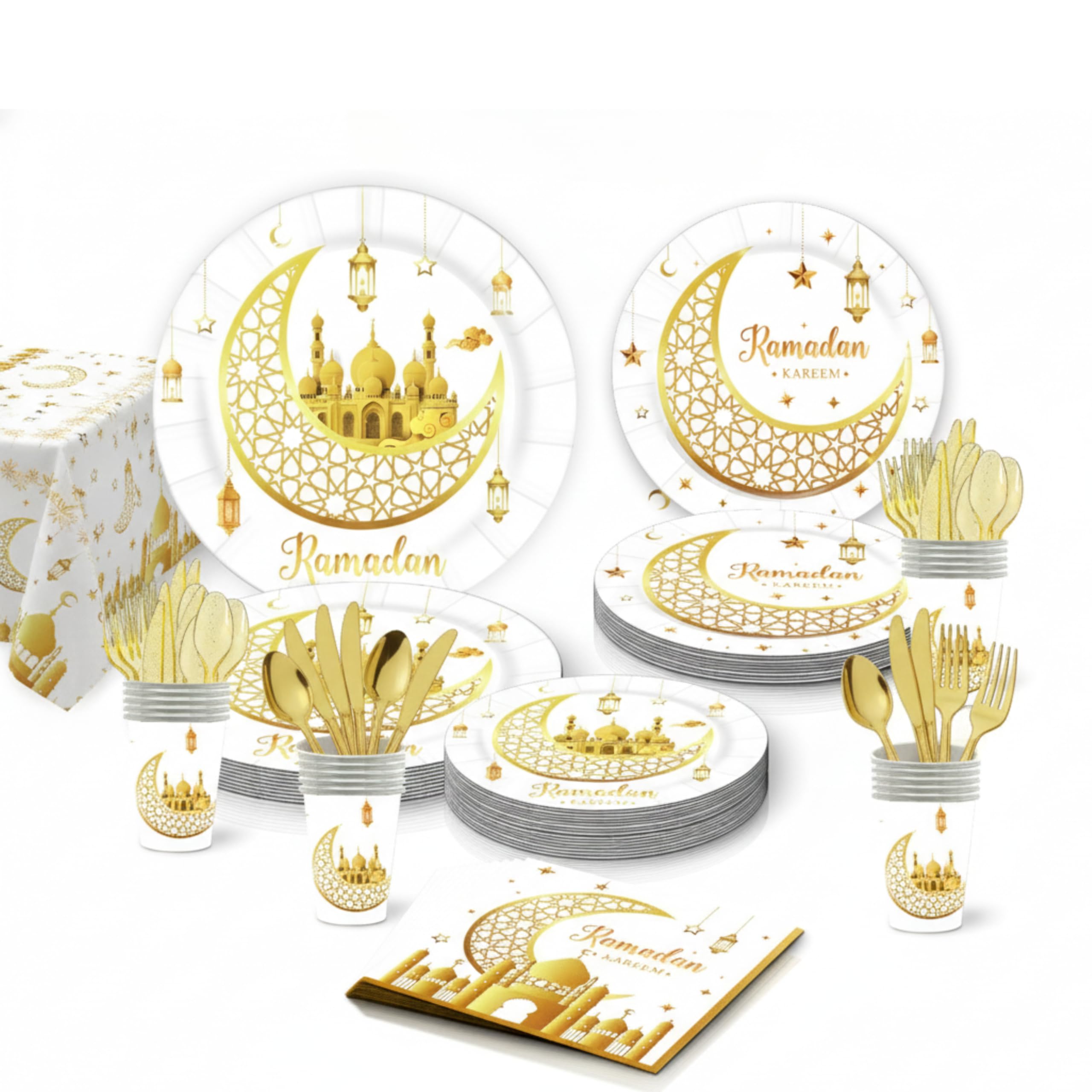 White Gold Ramadan Kareem Tableware Set Party Supplies for 12 People – Disposable Plates Cups Napkins Cutlery Tablecloth | Eid & Ramadan Table Decor for Home, Iftar Party