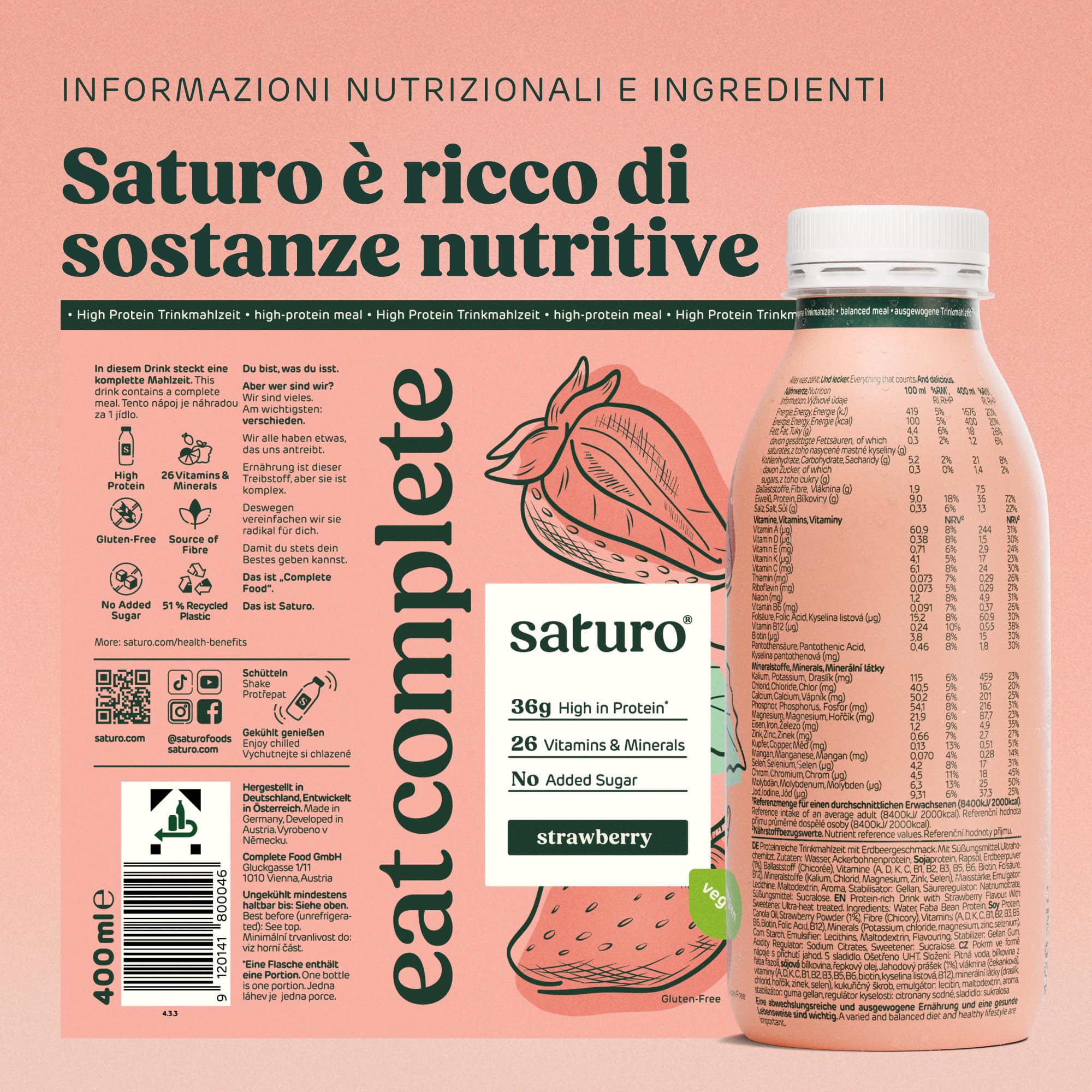 Saturo Pasto Sostitutivo Frullato Gusto Strawberry | 36 g di proteine & senza zucchero | 400 kcal | Vegano | Pasto Bevibile con Nutrienti Essenziali | Fragola | 6 x 400 ml