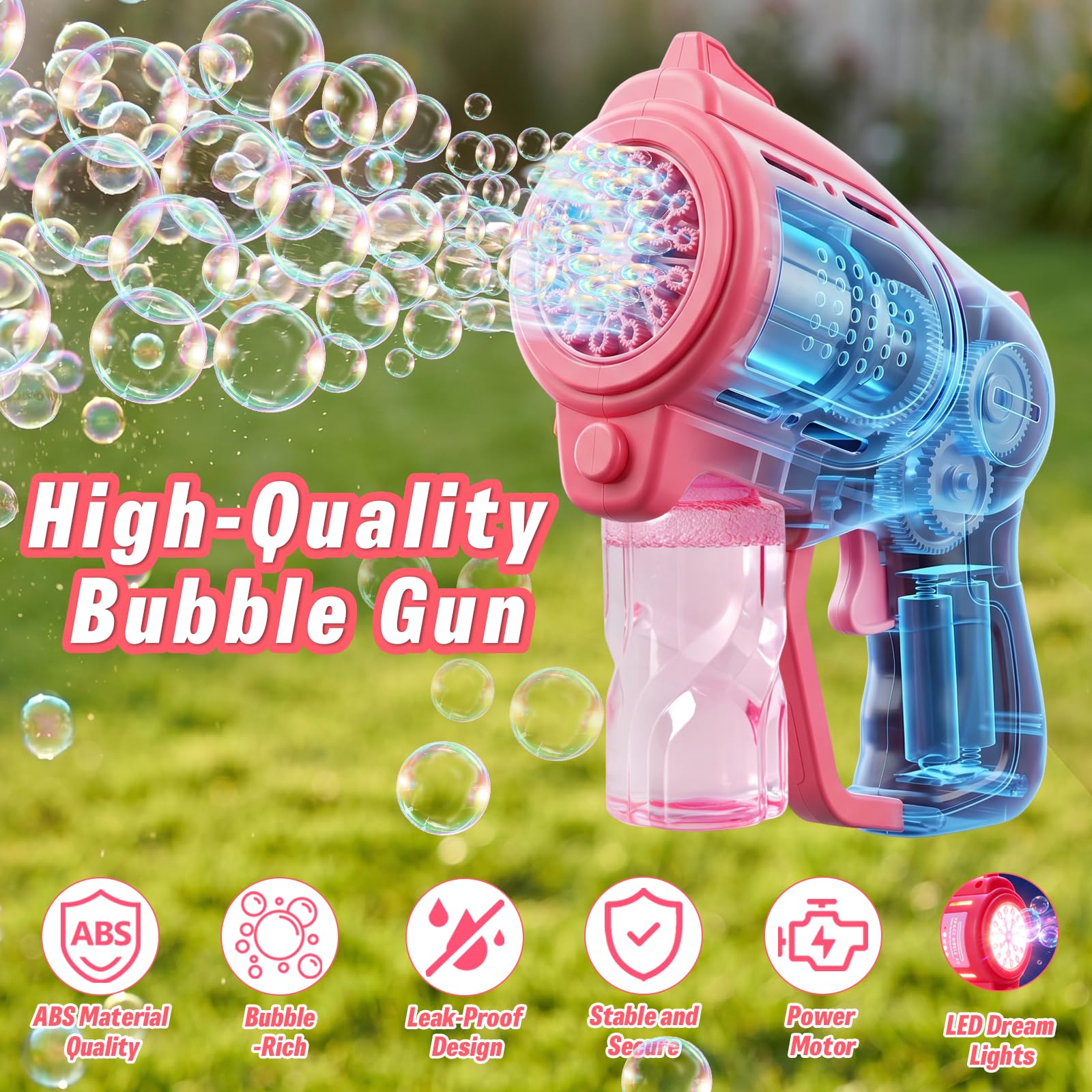 2 Piezas Pistolas de Burbujas para Niños, pompas de jabon niños con 2 x 100ml Solución de Recarga de Burbujas e Lámpara LED, Juguete de Verano para Actividades al Aire Libre, Fiestas y Bodas