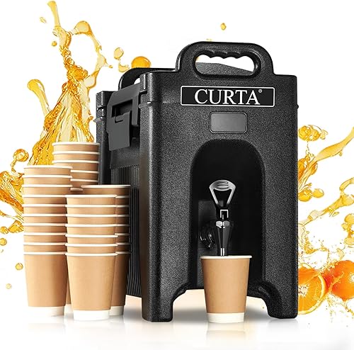 CURTA Dispensador de bebidas aislado de 2.5 galones, contenedor de bebidas frías y calientes con mango ergonómico, soporte y bloqueo a prueba de