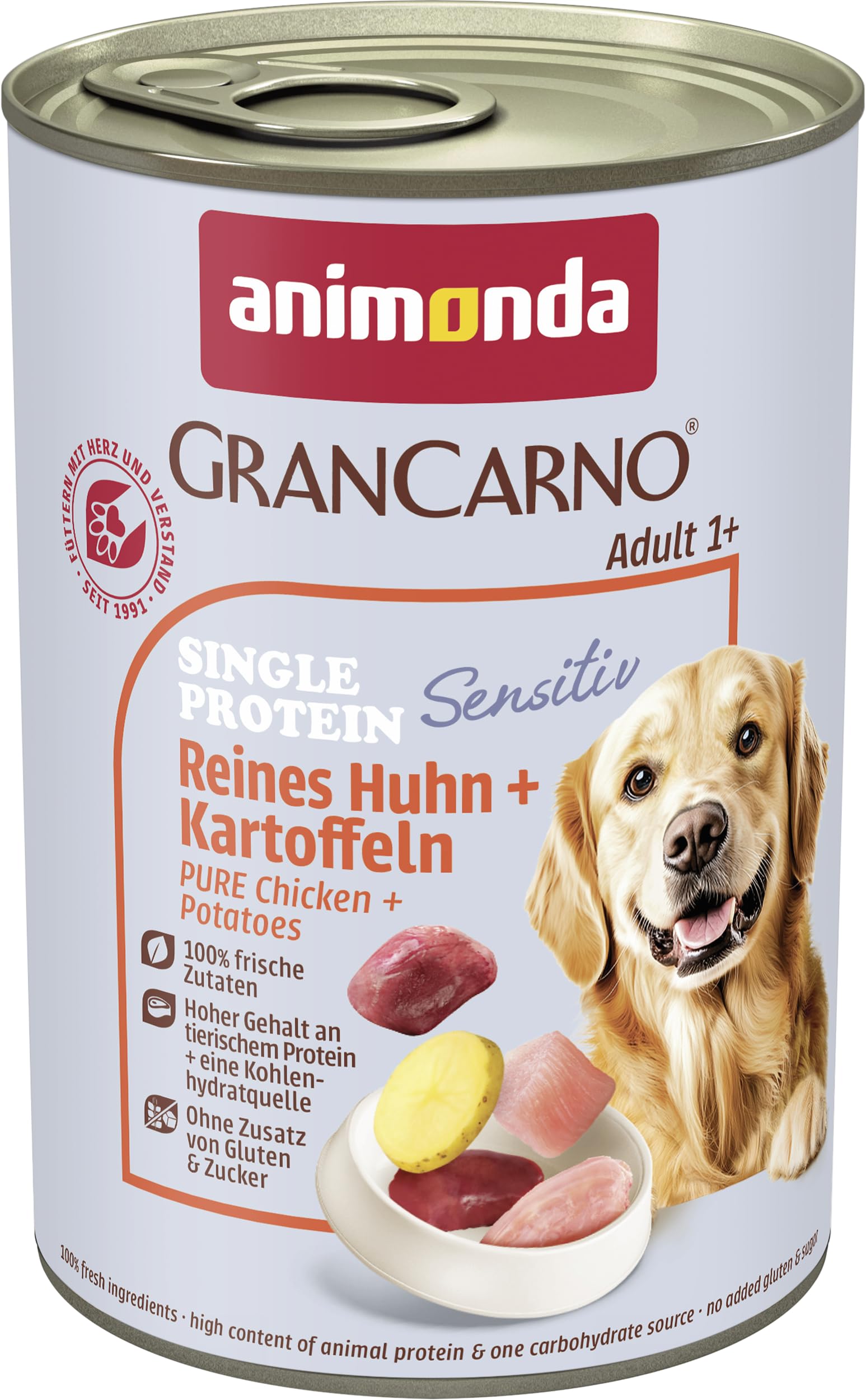 animonda GranCarno Hunde Nassfutter Sensitiv Reines Huhn + Kartoffeln (6 x 400g), getreidefreies Hundenassfutter ohne Zucker, für ausgewachsene Hunde, mit frischen fleischigen Zutaten