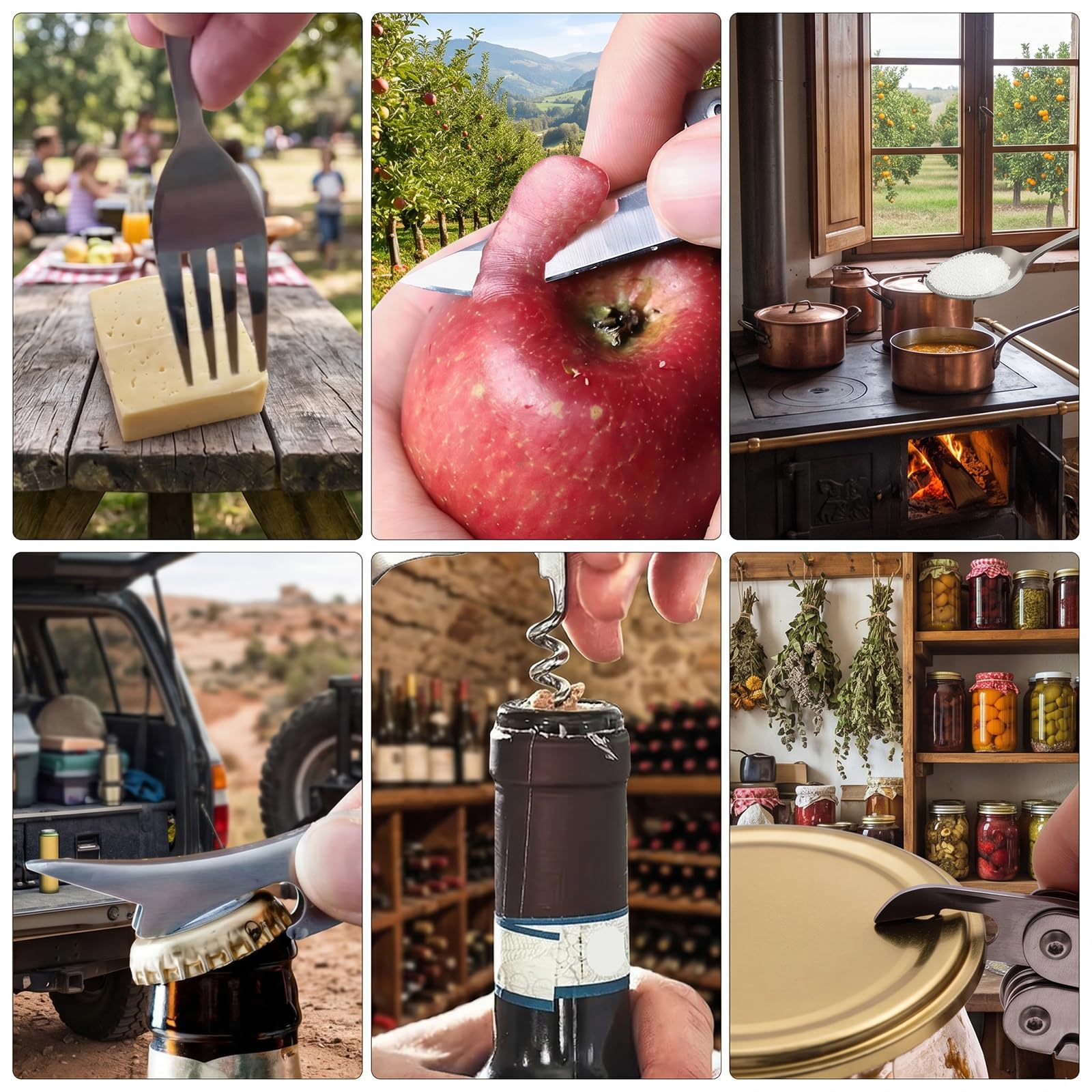 6 in 1 Posate da Campeggio Pieghevoli Acciaio Inox, Set Posate Multifunzione con Coltello, Cucchiaio, Forchetta, Apribottiglie e Pennello BBQ, Posate Trekking, Survival Outdoor, Picnic