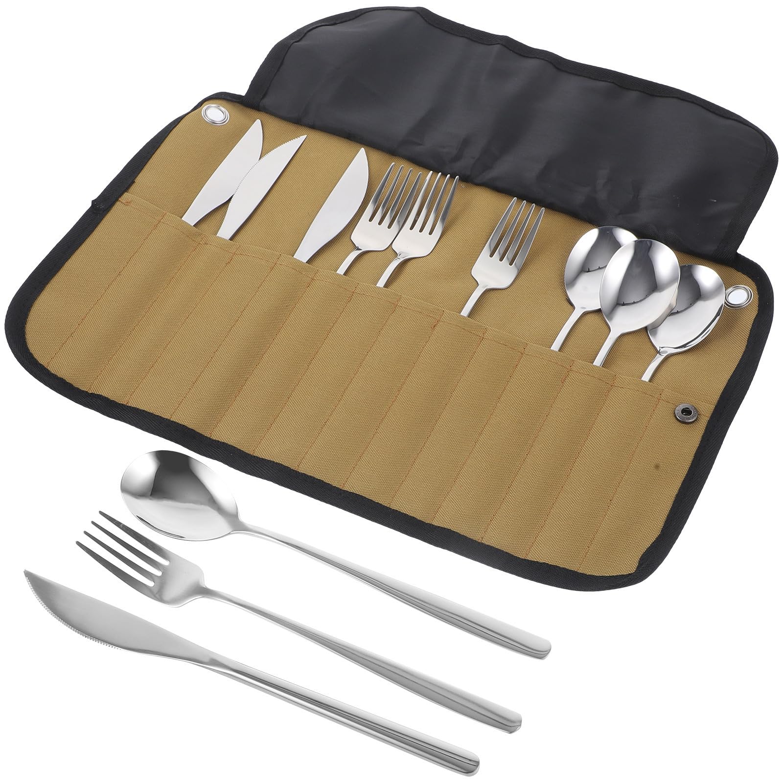 Set di Posate da Viaggio per Campeggio in Acciaio Inossidabile Leggero Custodia in Nylon Compatta per Picnic e Bbq All'aperto