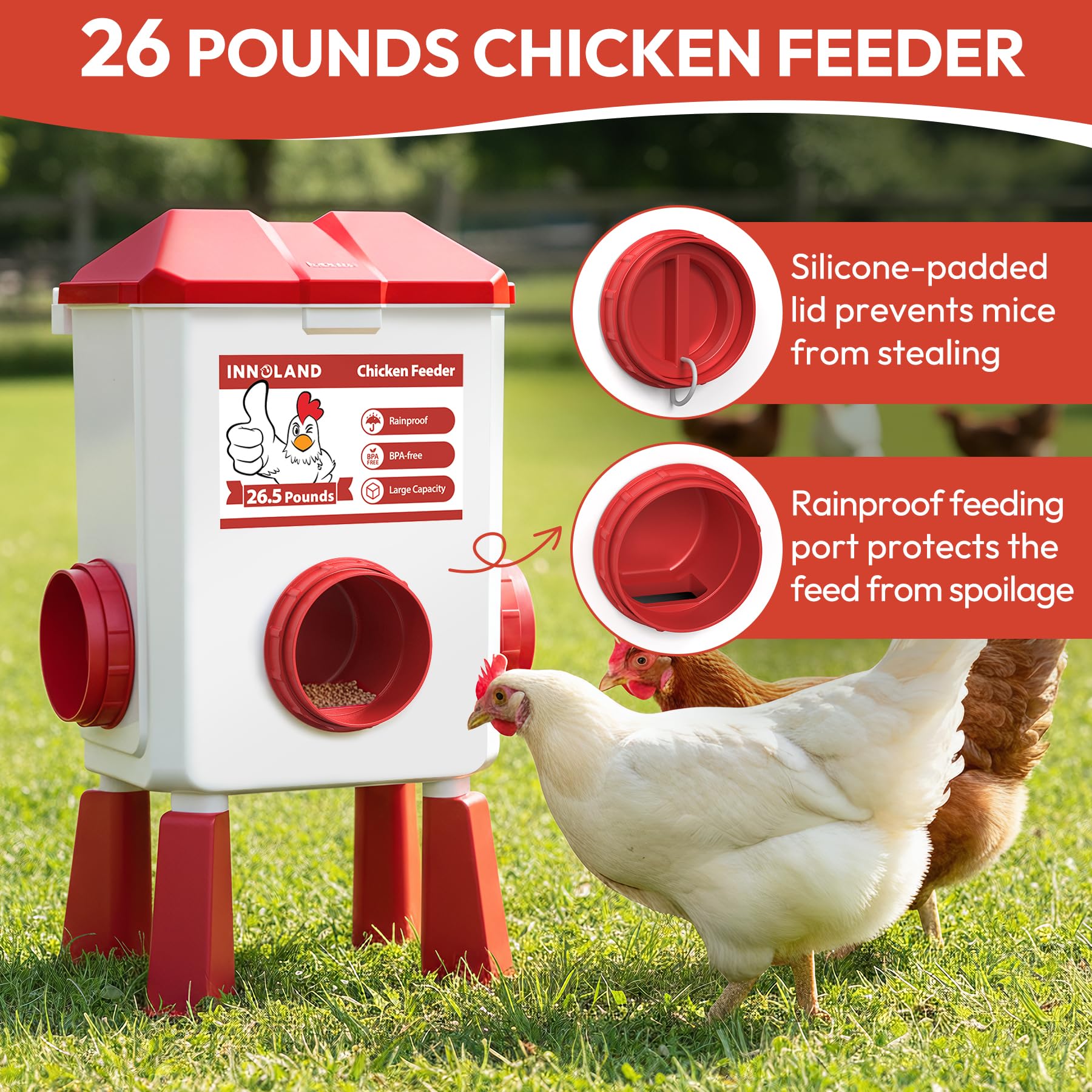 Chicken Feeder and Waterer Set - 3 Gallon/26.5 Pounds, Automatic Chicken Waterer with 4 Cups & 3 Feeder Ports, No Waste Poultry Feeders & Waterers, Chickens Coop Accessories for Hens/Ducks/Poultry - 4