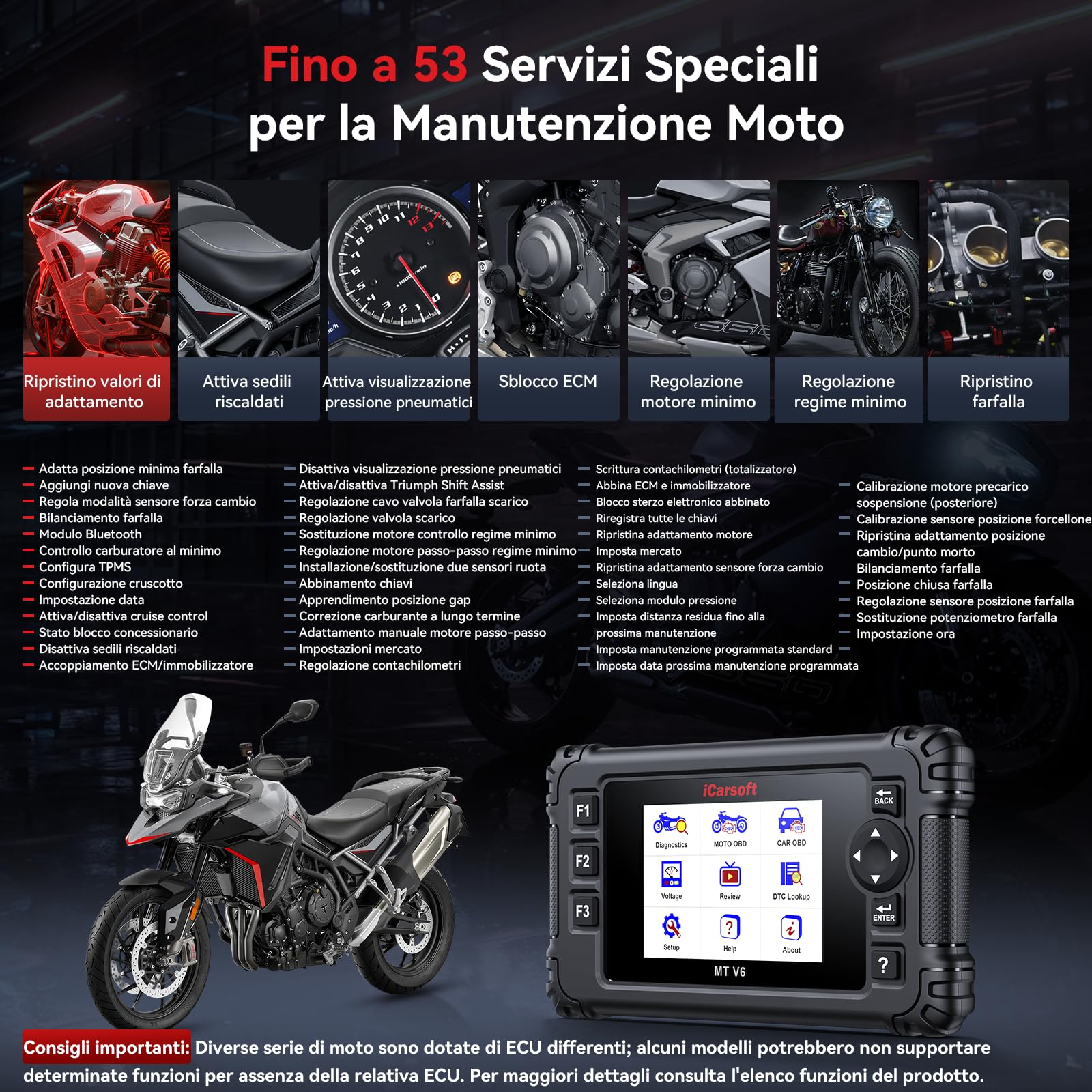 iCarsoft MT V6 - Scanner diagnostico per moto Triumph, lettore di codici OBD2, diagnostica completa del sistema, 58 servizi di manutenzione, 55 test bidirezionali, lettura/cancellazione dei codici di