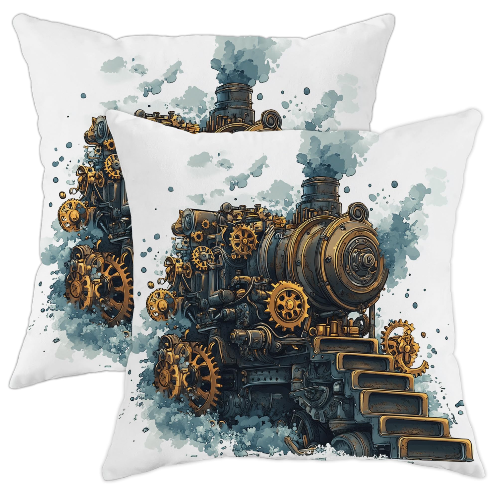 Steampunk Train Pillow Covers Set of 2, Vintage Locomotive Decorative Throw Pillow Cases, Indoor Cozy Sofa Bed Couch Home Decor 16x16 Inch