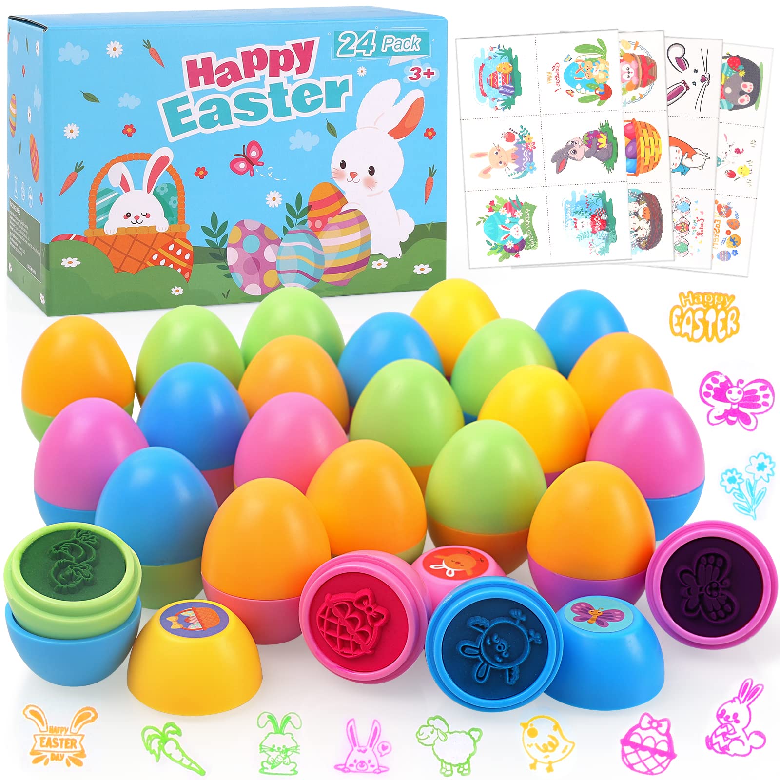 Easter Eggs Kids Easter Basket Stuffers - 24Pack Self Inking Stamps with Easter Tattoos for Kids, Plastic Easter Eggs Toys And Treats for Kids, Easter Stuff for Easter Decorations, Gifts, Party Favors