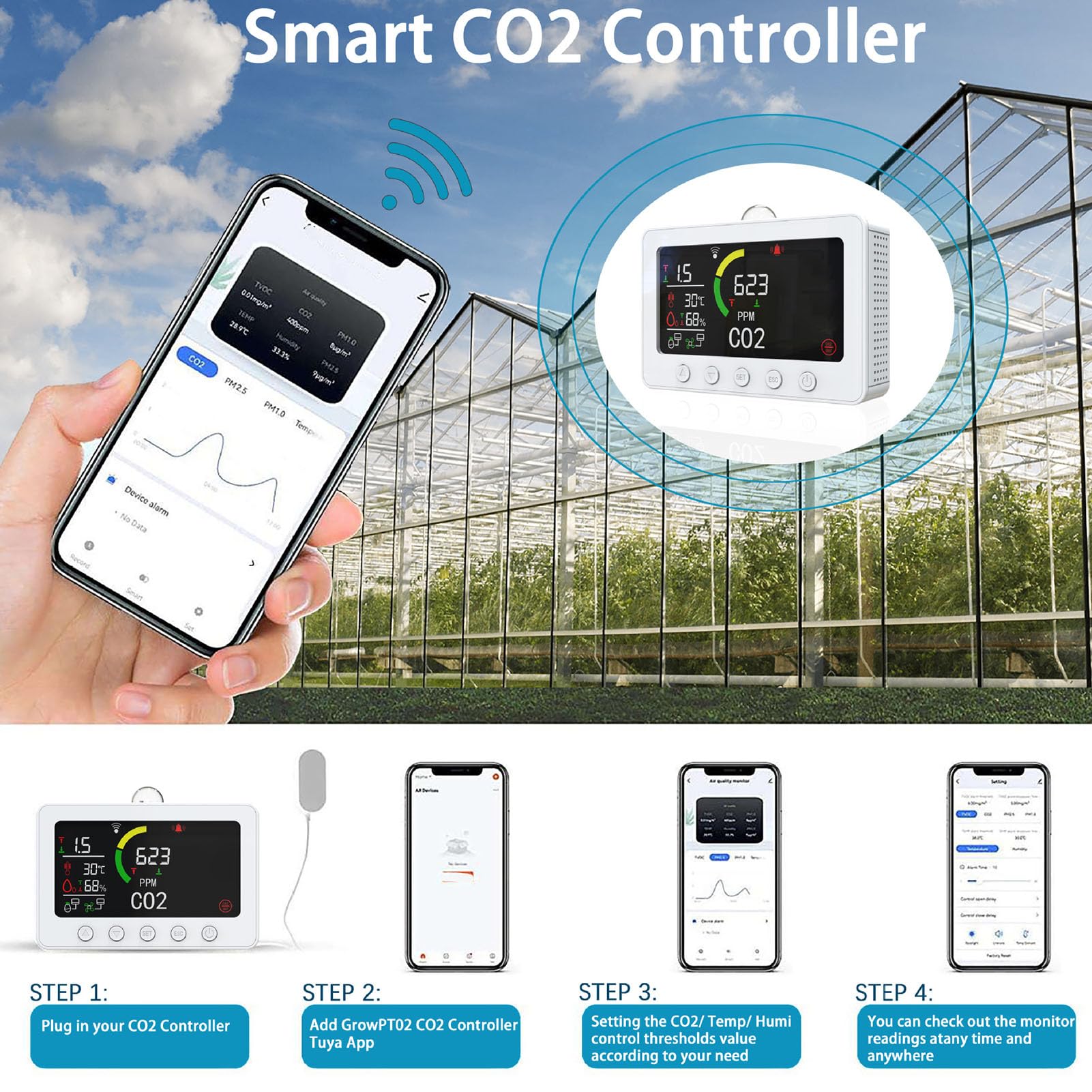 Detector de CO2, Monitoreo Remoto WiFi Pantalla LCD de 7 Pulgadas Salida de Señal de relé RS485 Monitor de CO2 DC12V 2A con Sensor de Luz para Fábrica (Enchufe de la UE)