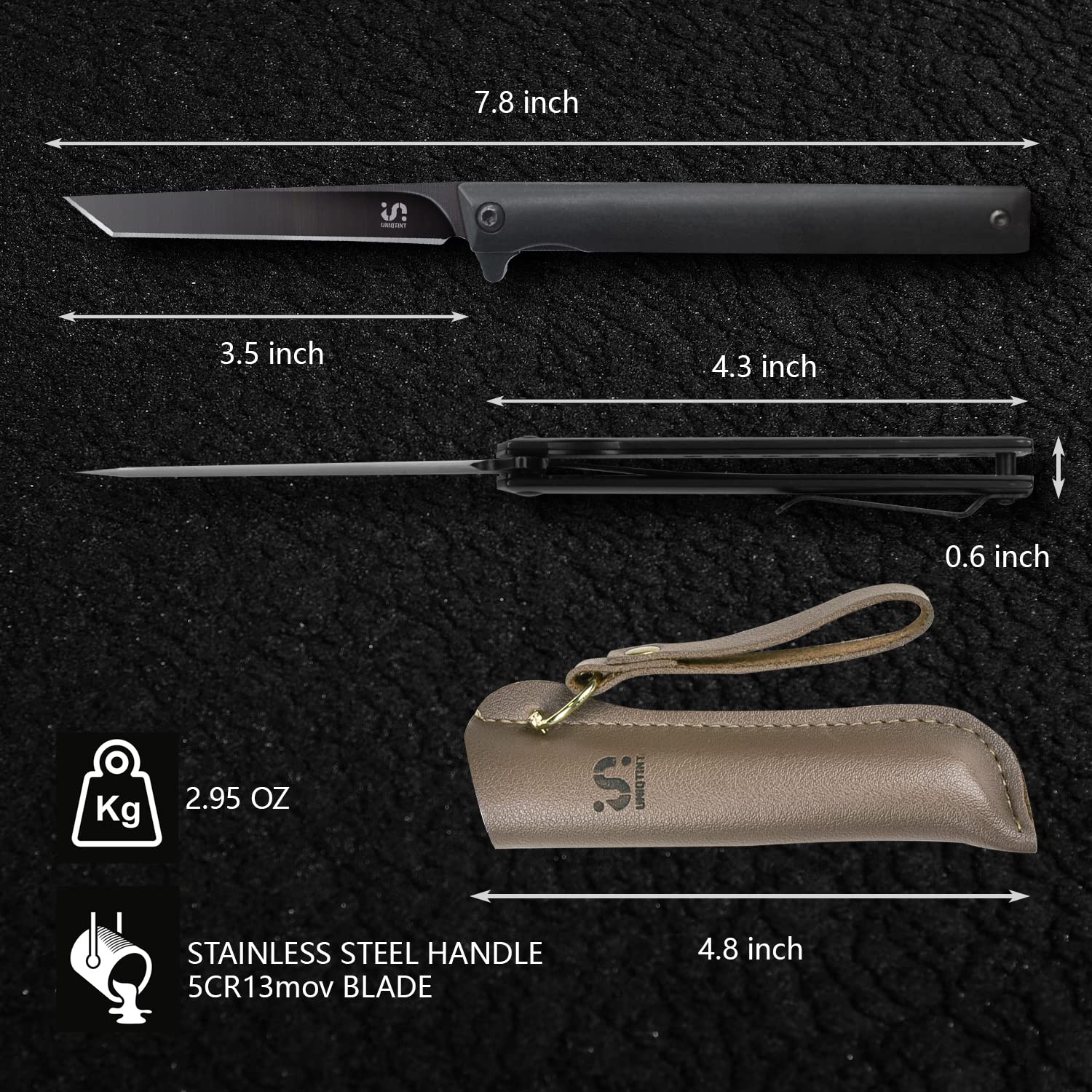 UNIQTINT Stainless Steel Handle Slim EDC Folding Knife, 3.6oz Black Gentlemen's Pocket Flipper Knife with 5CR13 Steel 3.5” Blade with Liner Lock Pocket Clip (FK002B)