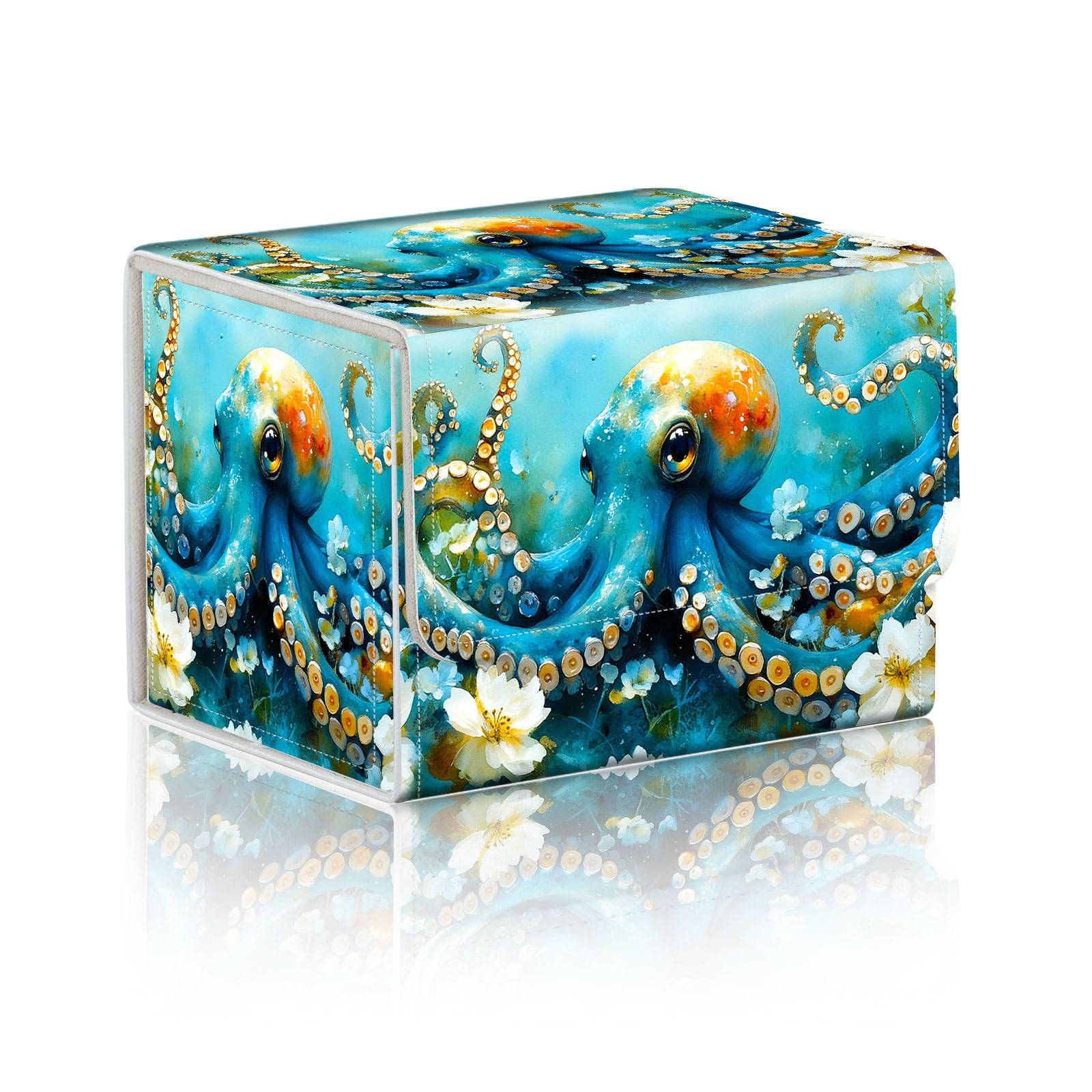 DISUOFEART Trading Card Storage Box, Holds 100+ for MTG Cards, PU Leather with Magnetic Closure, Blue Octopus with White Blossoms Durable Deck Box for Magic the Gathering, Trading Card Games