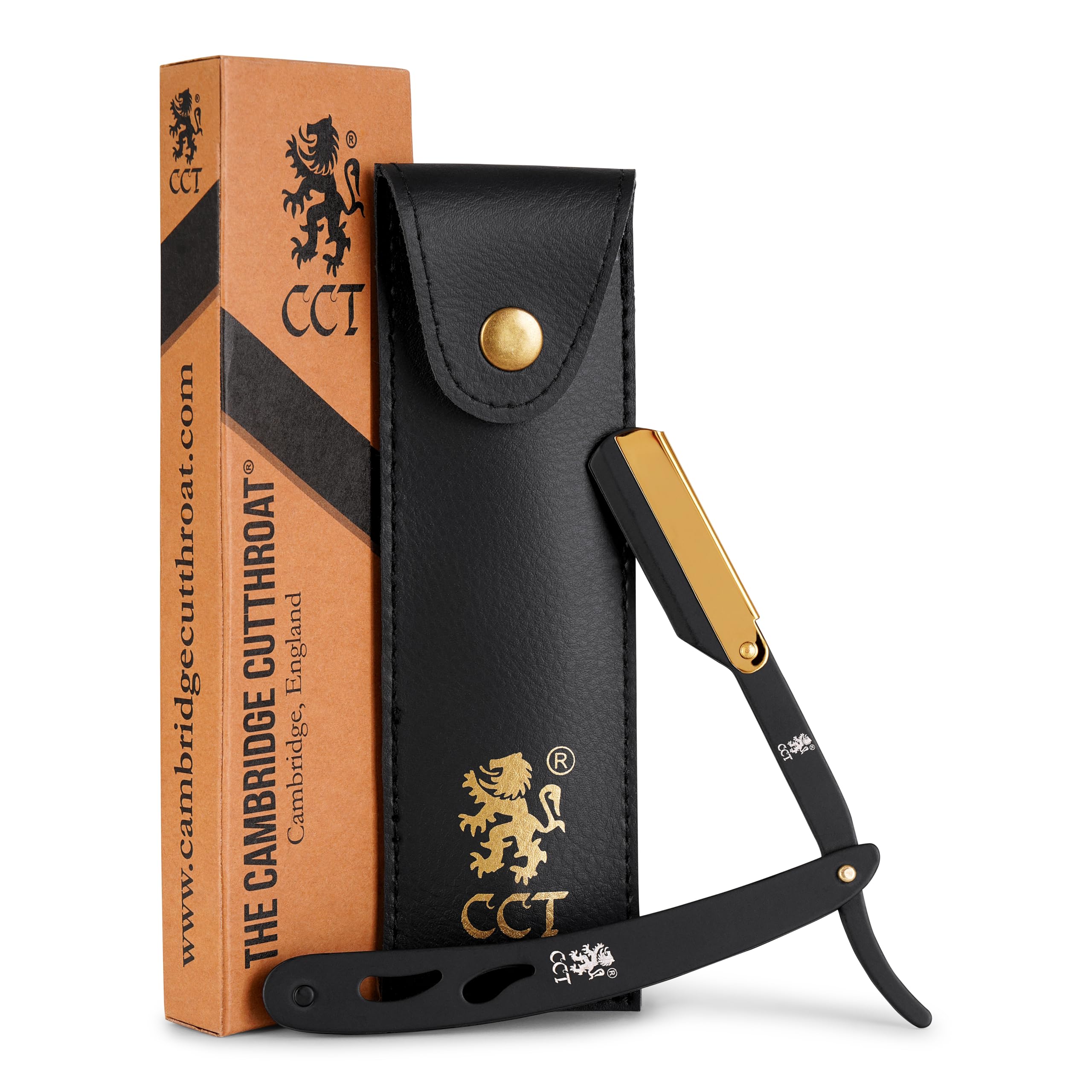 Cut Throat Razor Kit with Travel Pouch - Black & Gold Stainless Steel Professional Barber Single Straight Edge for Men - Moustache Shaver & Beard Shaper