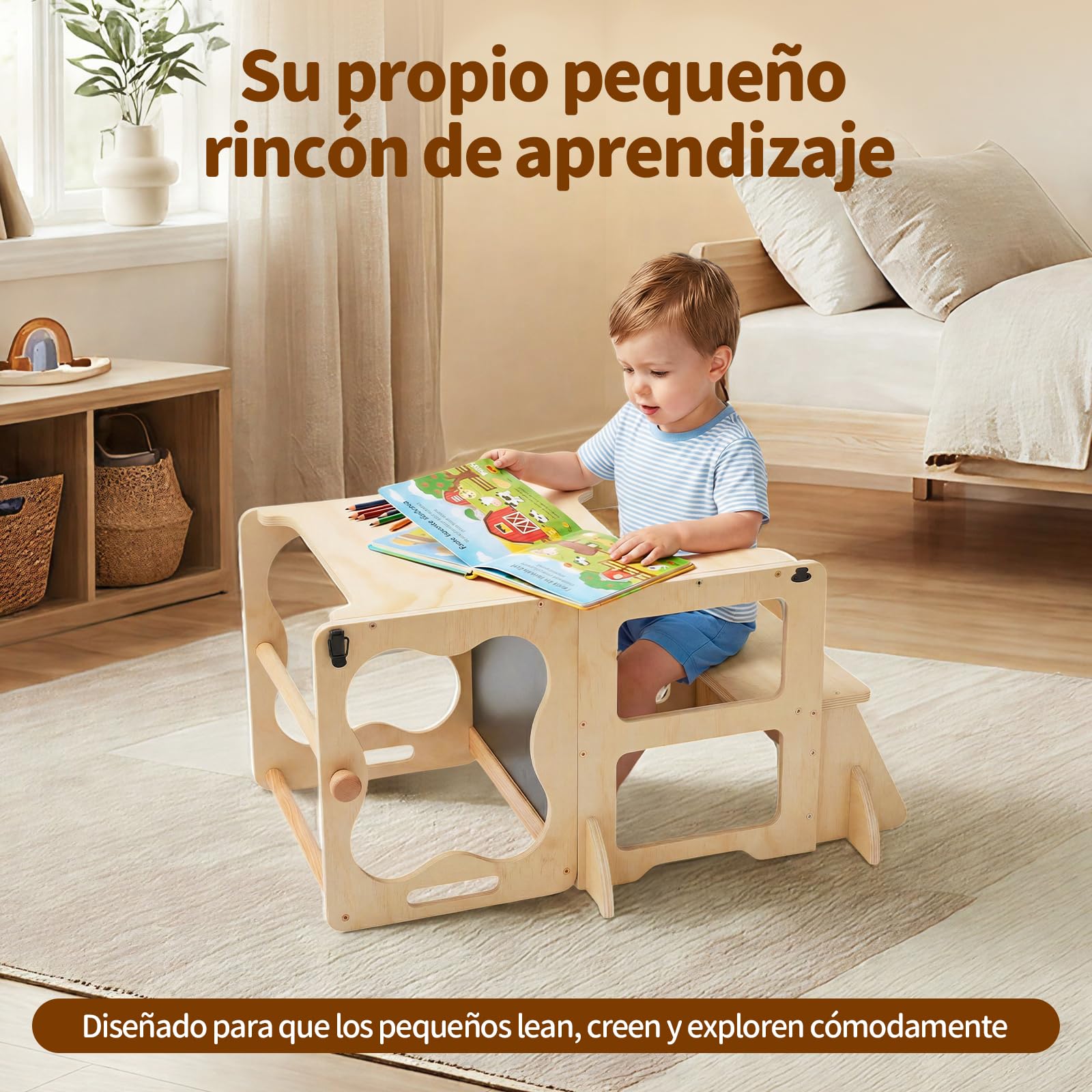 COSYLAND Torre de Aprendizaje Montessori 3 en 1 Convertible con Pizarra | Madera maciza, estructura en A con soportes de esquina; mesa con silla y pizarra para cocina, lavabo y dibujo