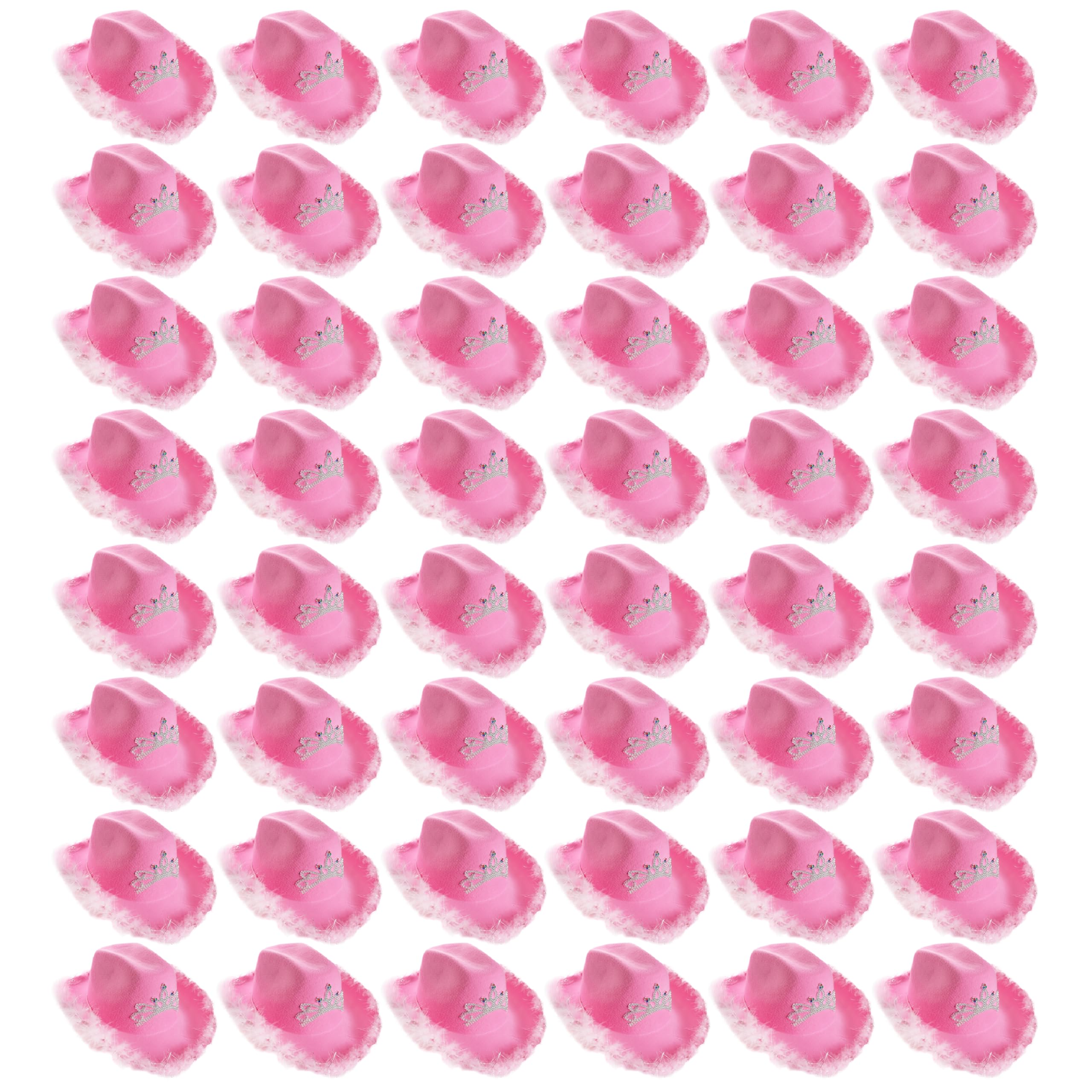 Tiara Cowgirl Hats - Pack of 48 - Pink Cowgirl Hat with Tiara Decoration and Marabou Trim - Adults Music Festival Fancy Dress Accessory
