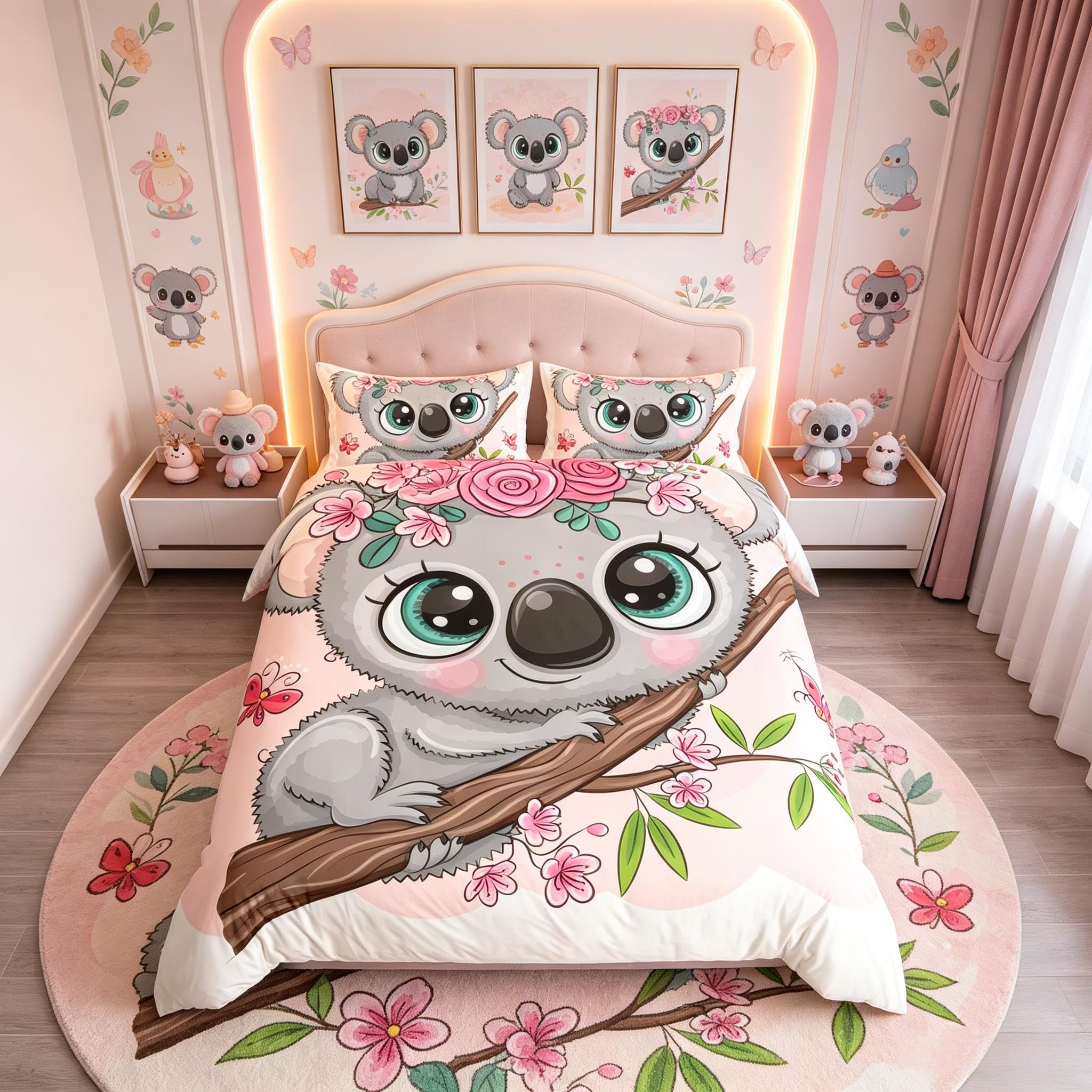 Homemissing Super King Returning to School Comforter Cover Set Children's Cute Koala Flower Plants Bedding Set Cartoon Koala Butterfly Decoration Duvet Cover Microfiber Animal Room — image 1