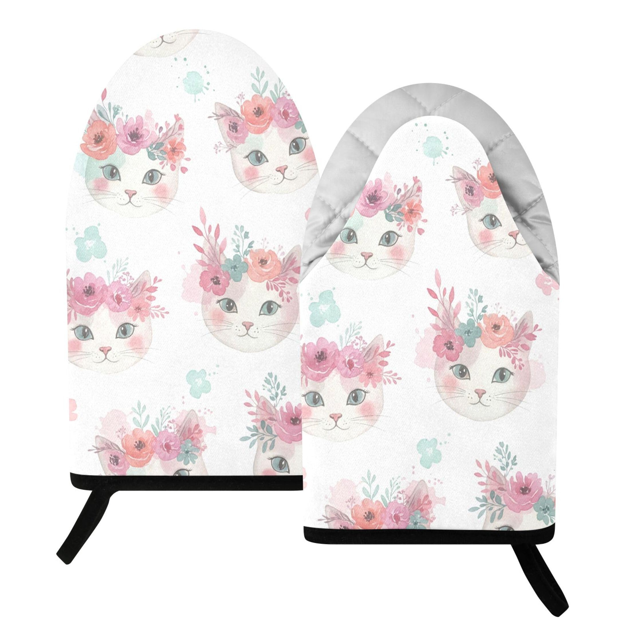 Kutsu Cats Oven Mitts for Kitchen, Heat Resistant Cotton Oven Gloves for BBQ Baking Cooking, Breathable Kitchen Essentials, 2 pcs