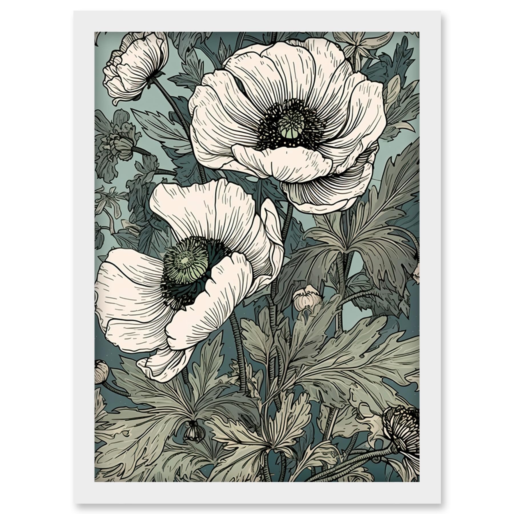 Artery8 Pastel Colour White Anemone Flower Bloom Field Artwork Framed Wall Art Print A4